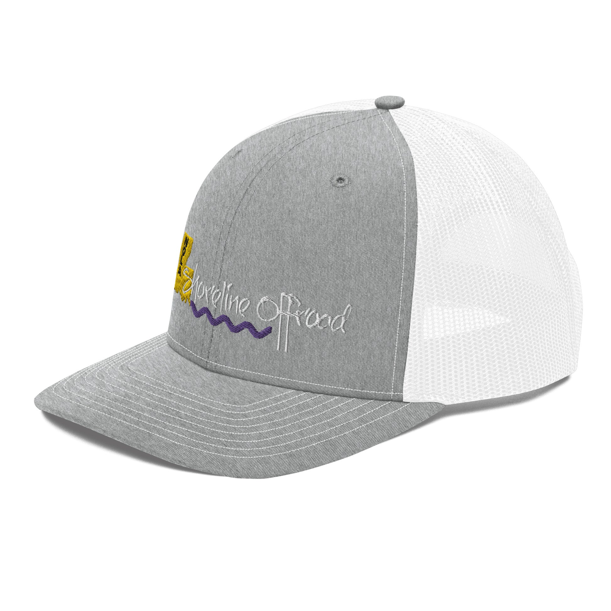 a grey and white trucker hat with the words sunshine road on it