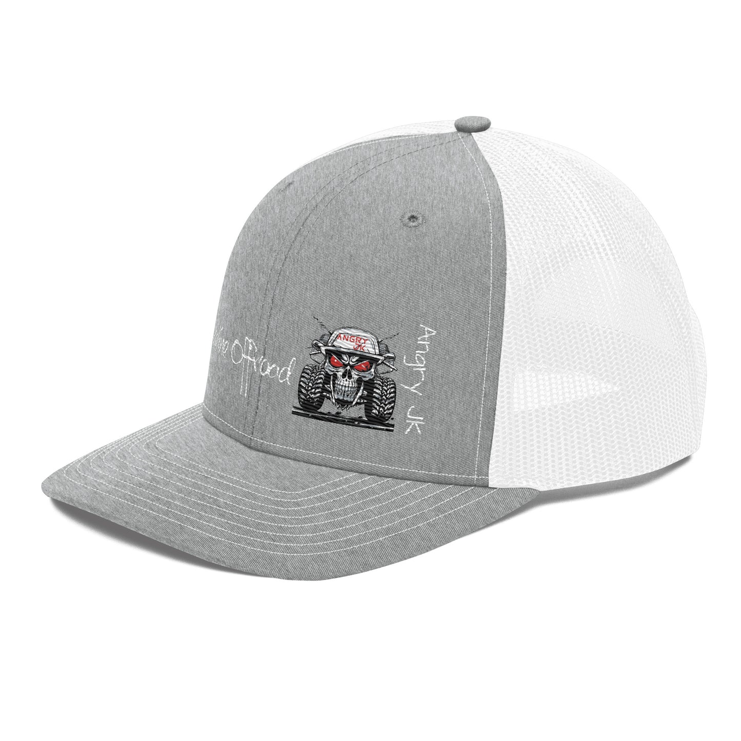 a gray and white trucker hat with a picture of a monster on it