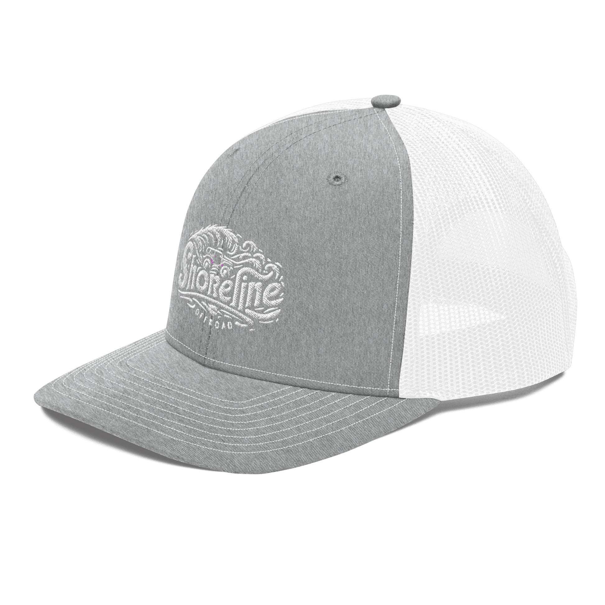 a grey and white trucker hat with a white embroidered logo