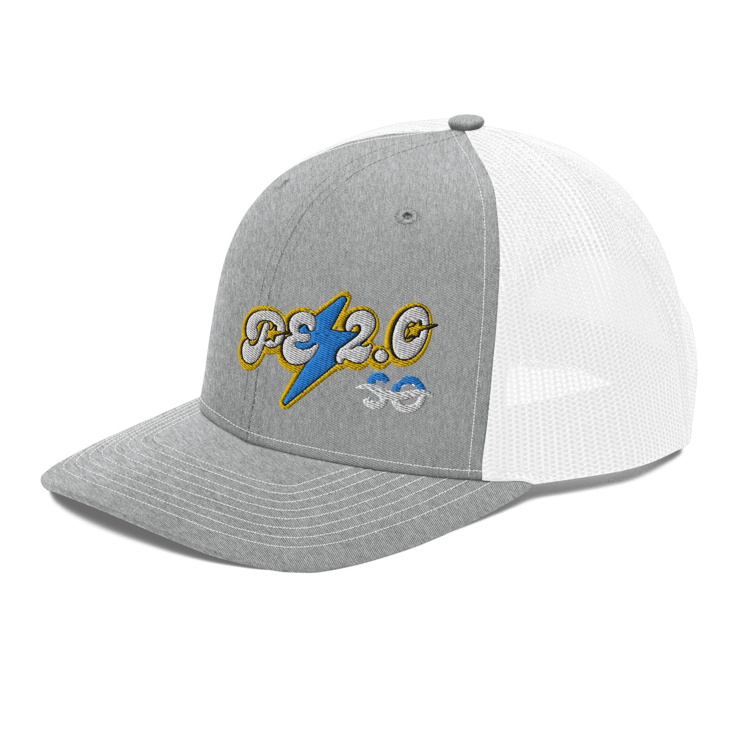 a gray and white hat with a blue and yellow logo