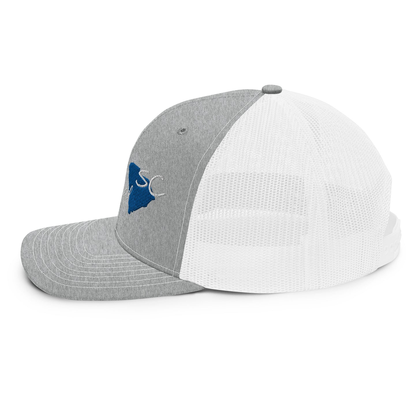 a gray and white hat with a blue star on it