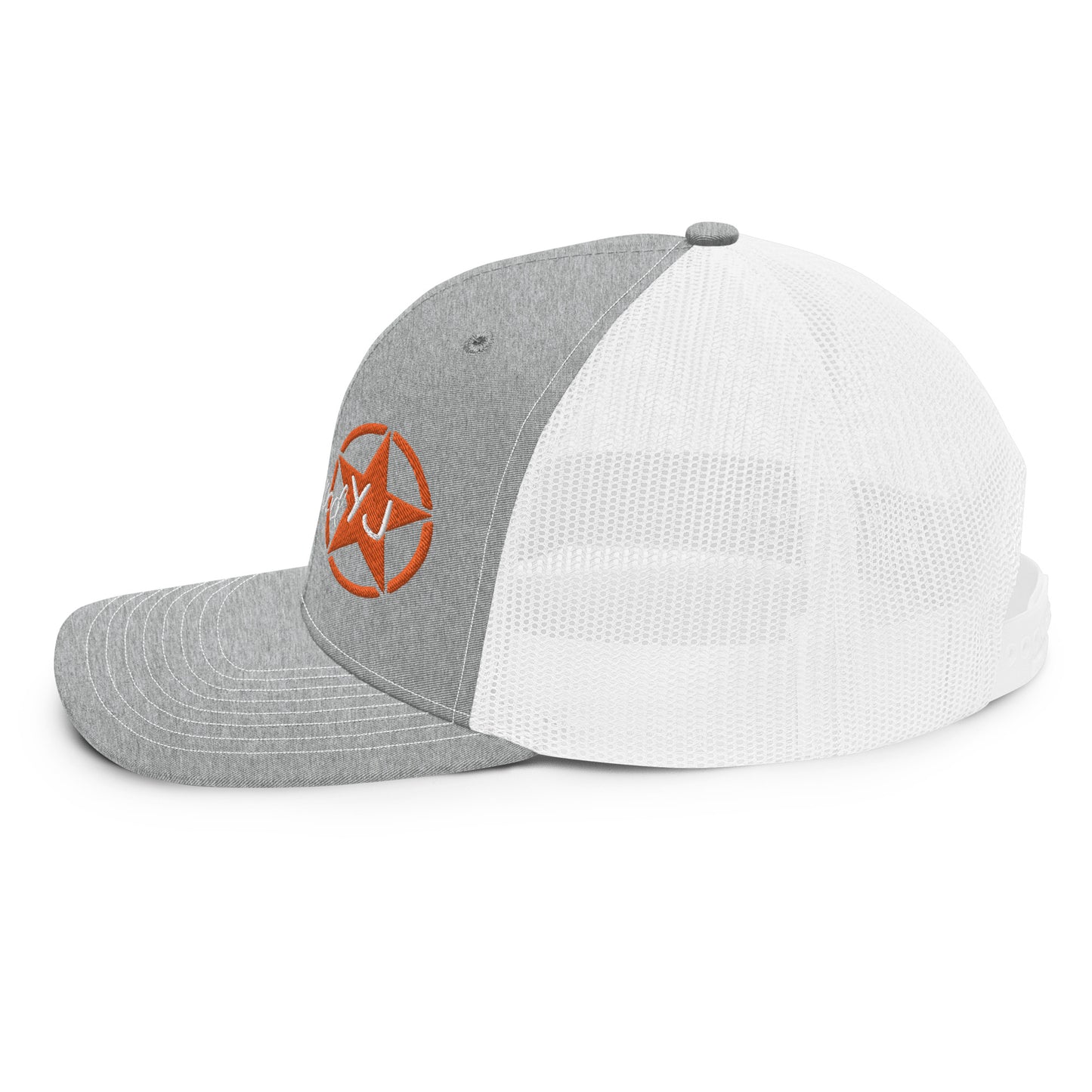 a grey and white hat with an orange star on it