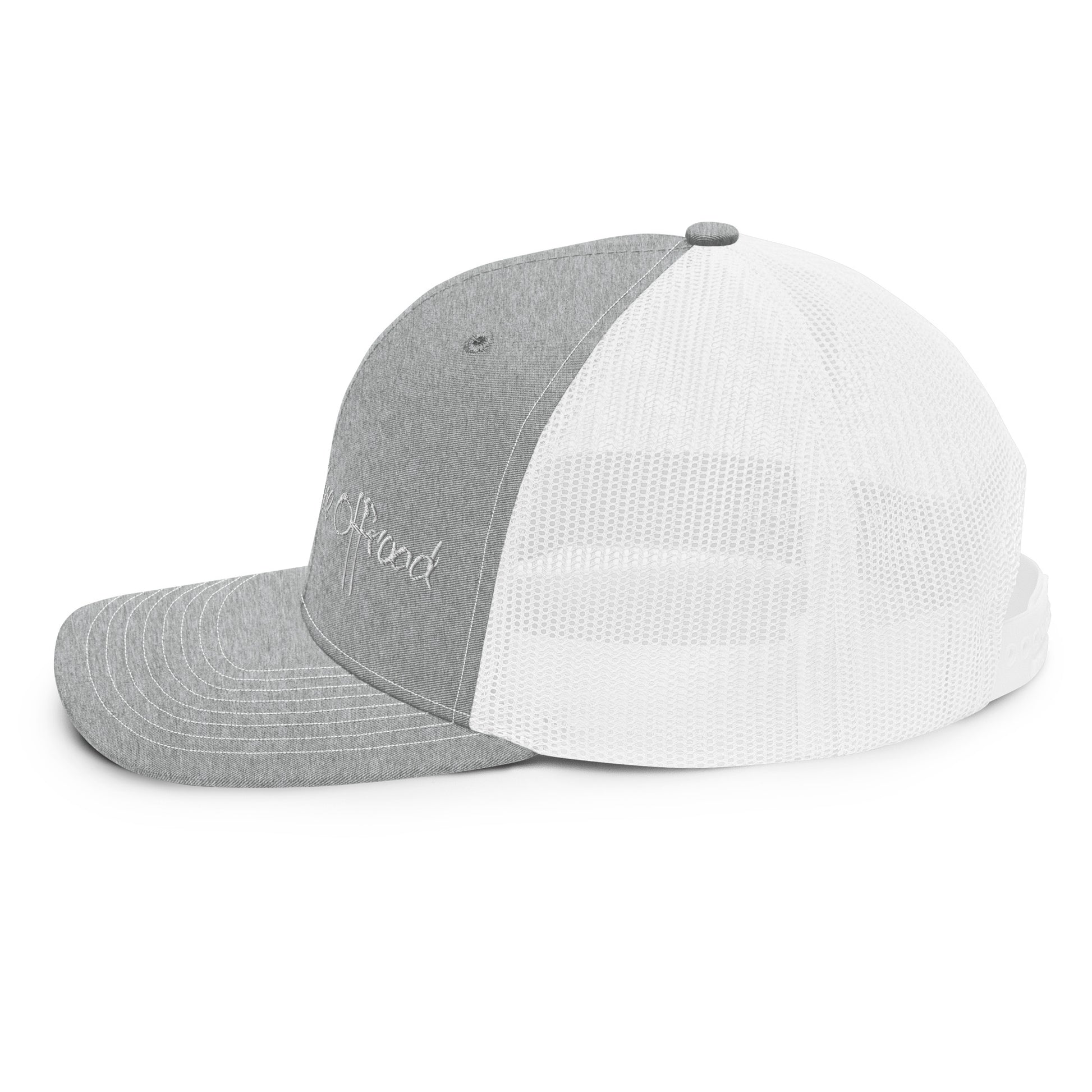 a grey and white hat with the word good written on it