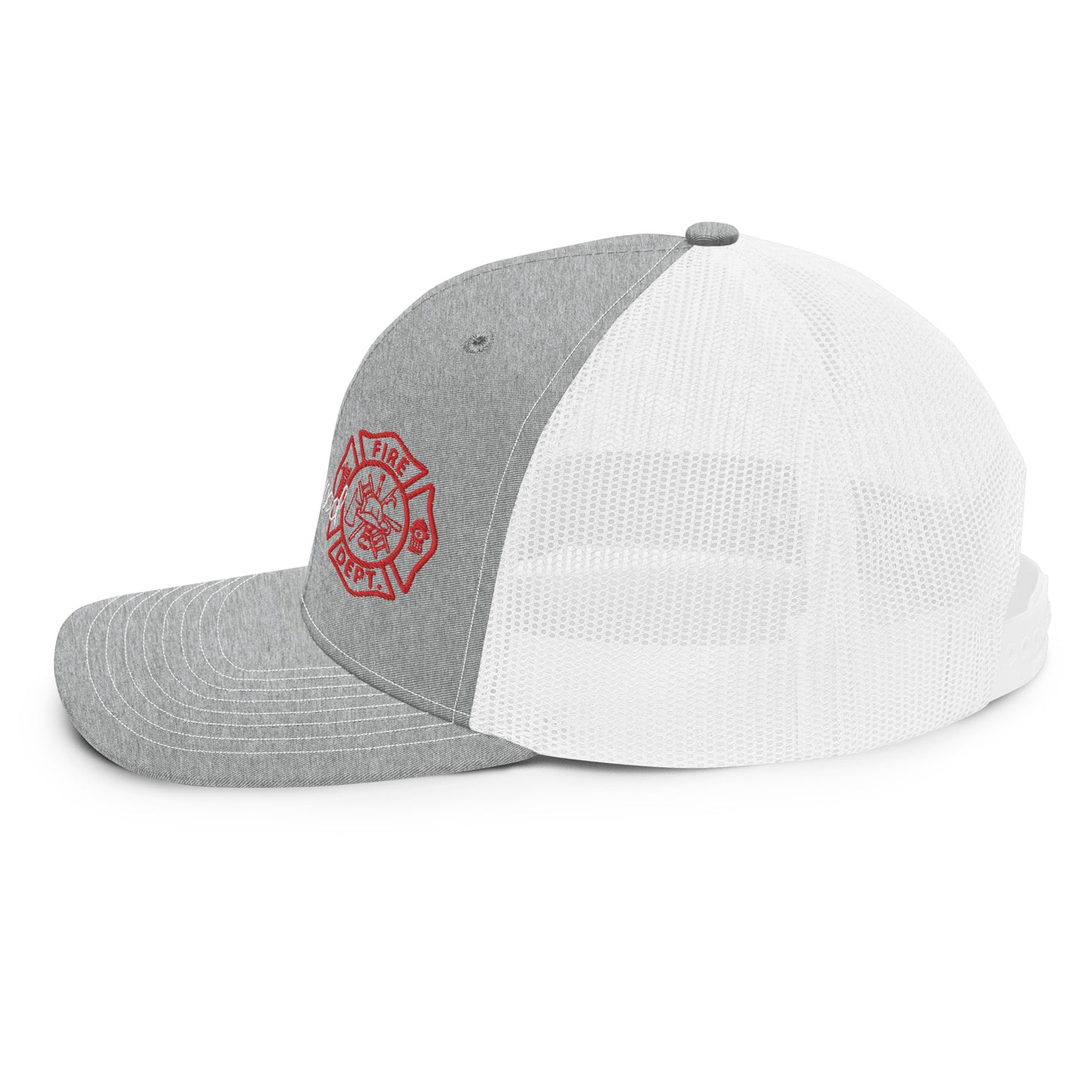 a grey and white hat with a red fire department emblem