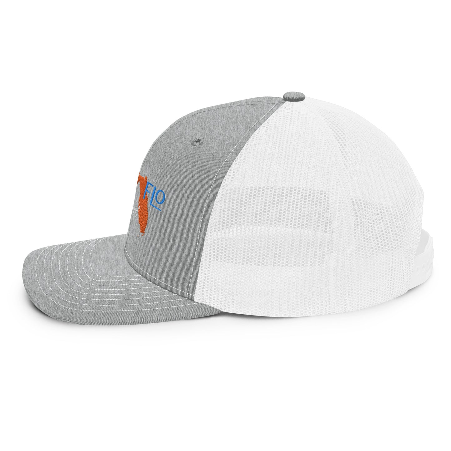 a grey and white hat with an orange and blue logo