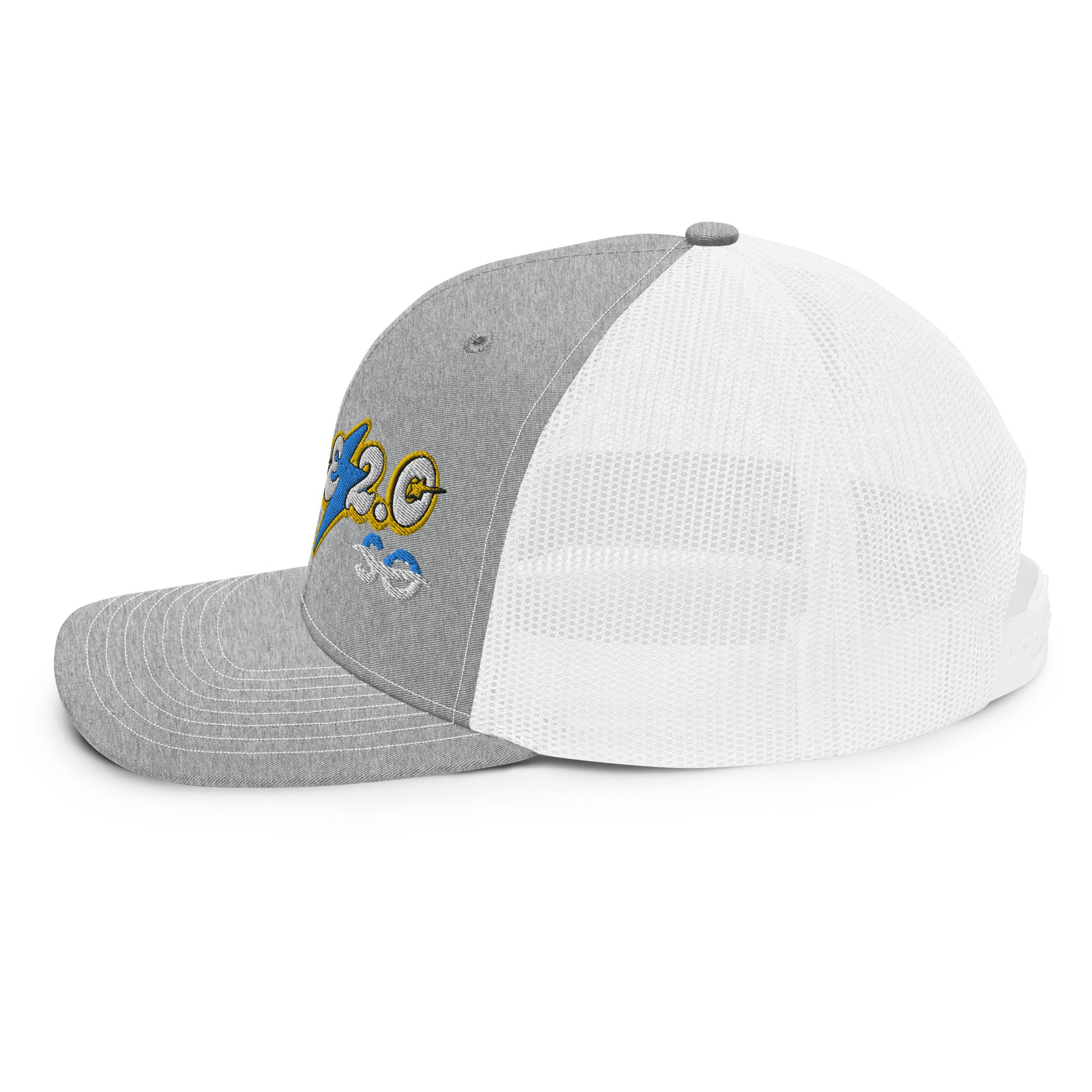 a gray and white hat with a cartoon character on it