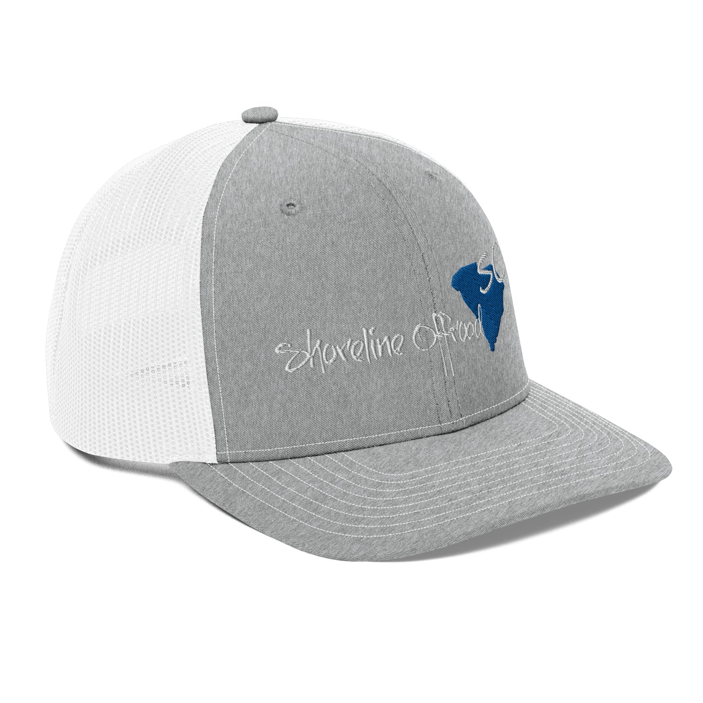 a gray and white trucker hat with a blue bull embroidered on the front
