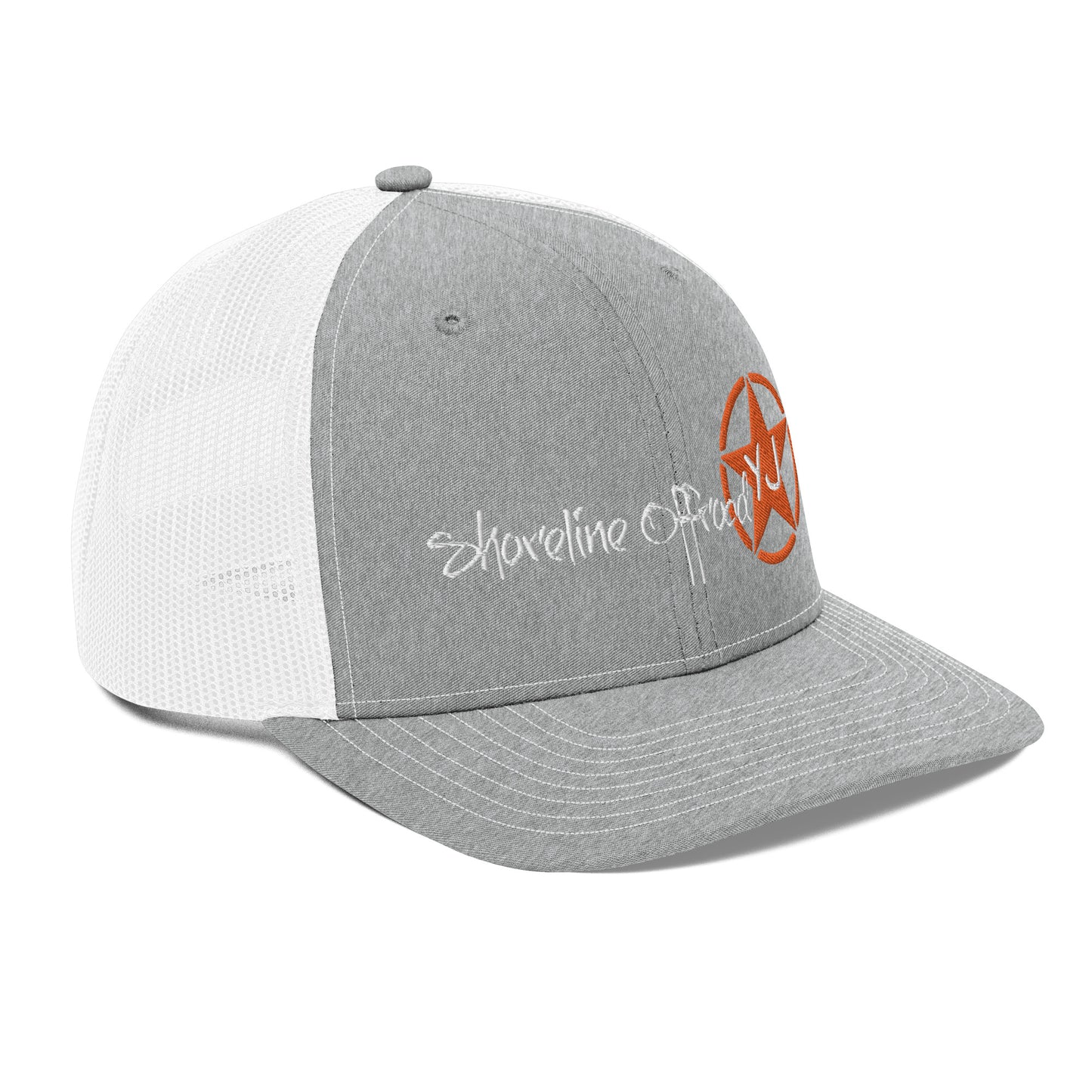 a grey and white hat with an orange logo