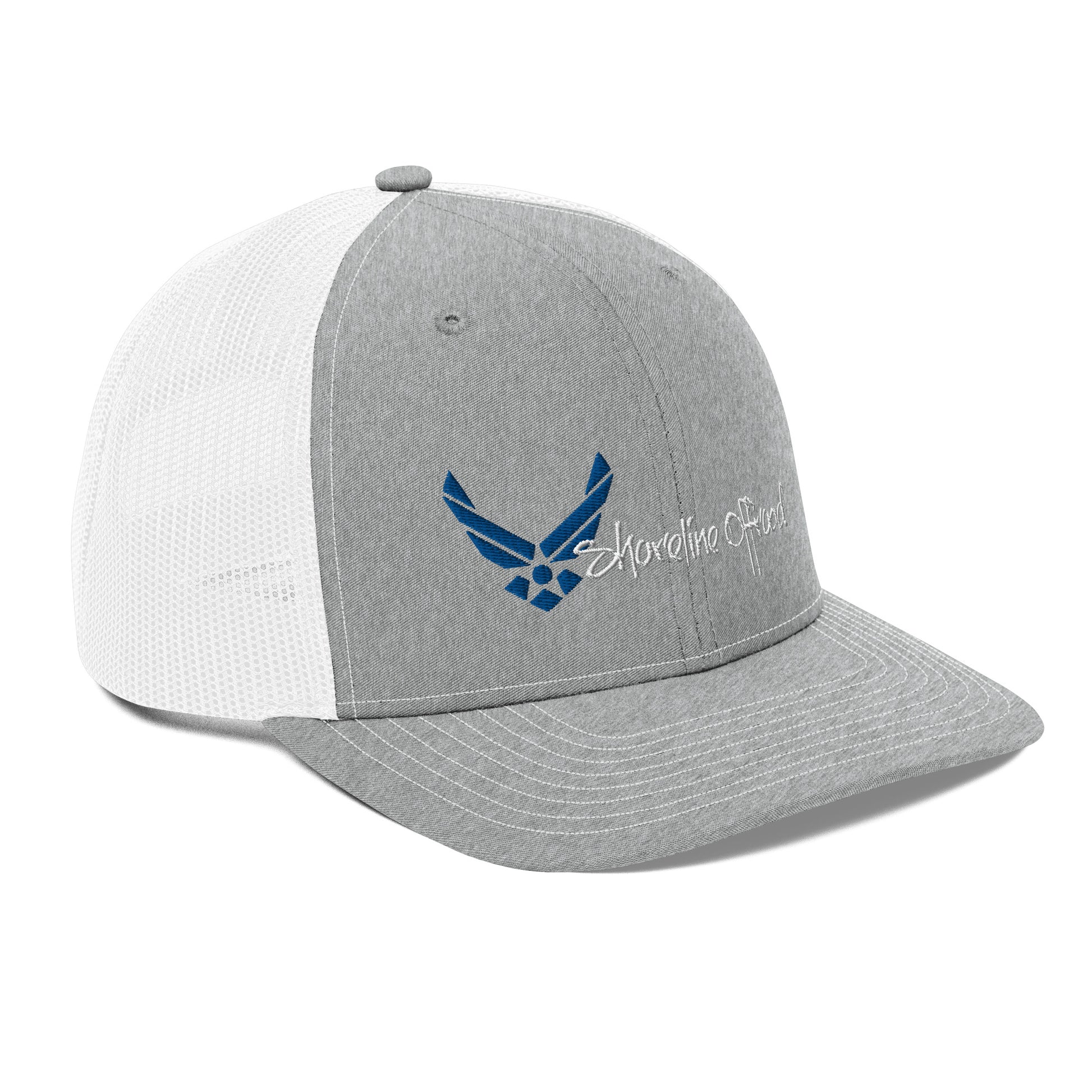 a gray and white hat with an eagle on it