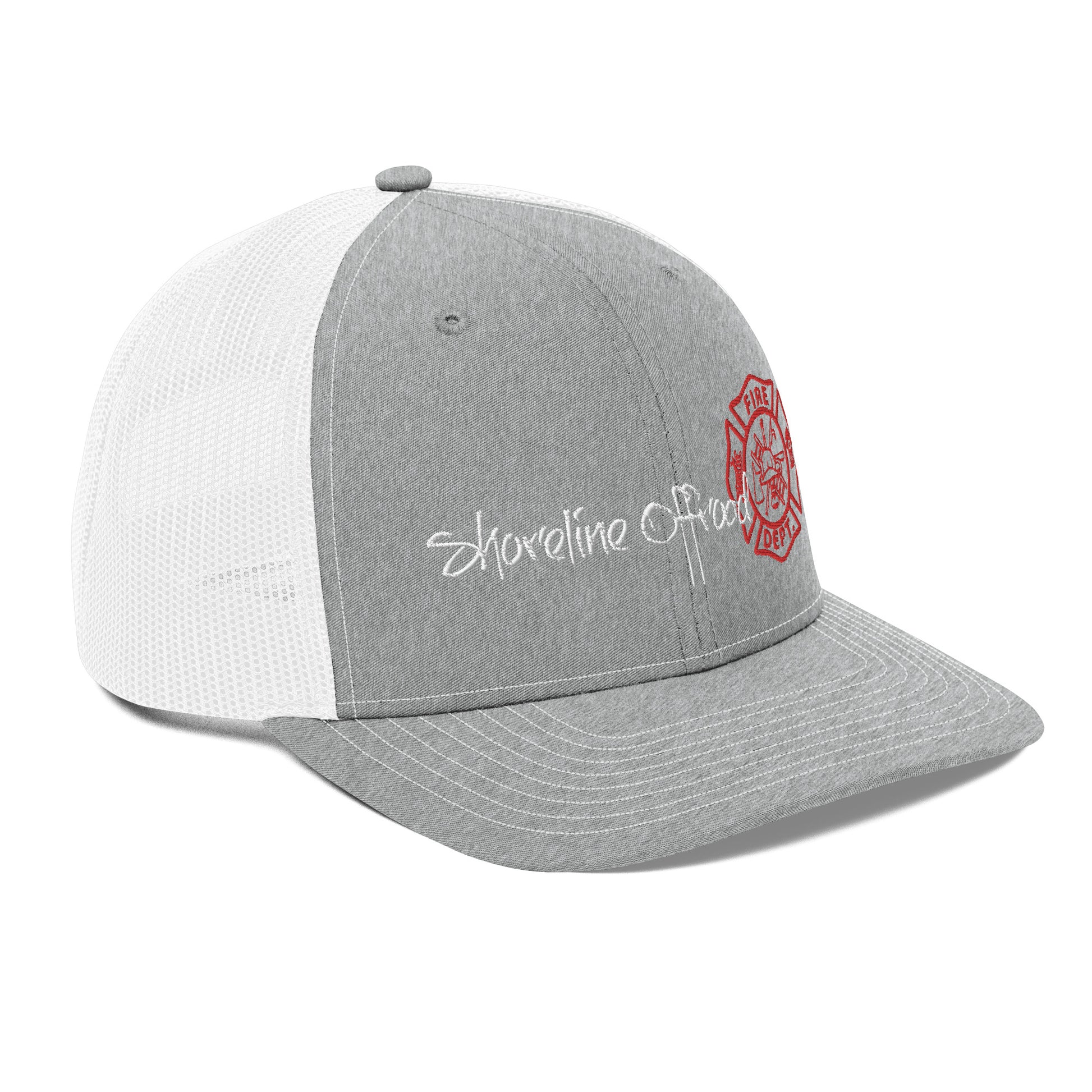 a grey and white hat with the words shoreline club on it