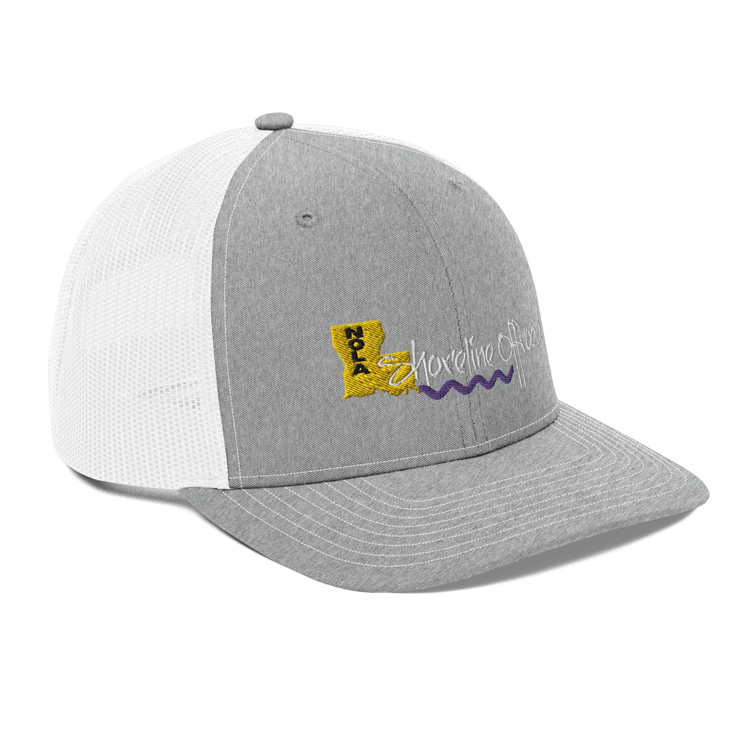 a gray and white hat with the word michigan on it