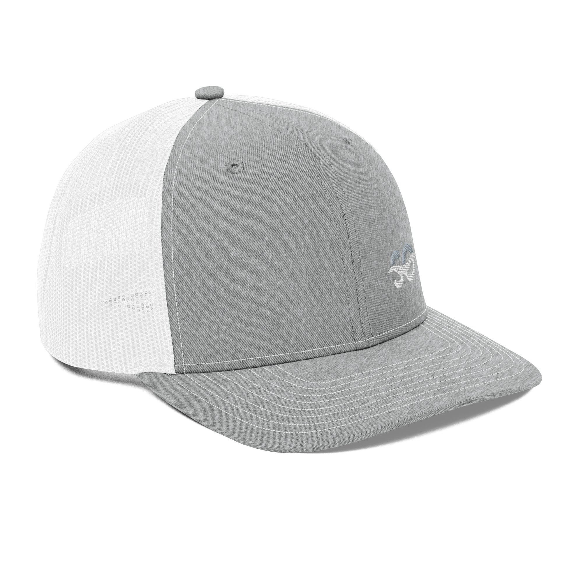 a grey and white hat on a white background