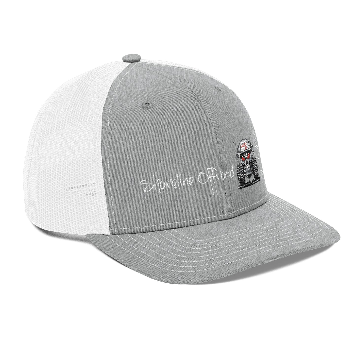 a gray and white trucker hat with an embroidered logo