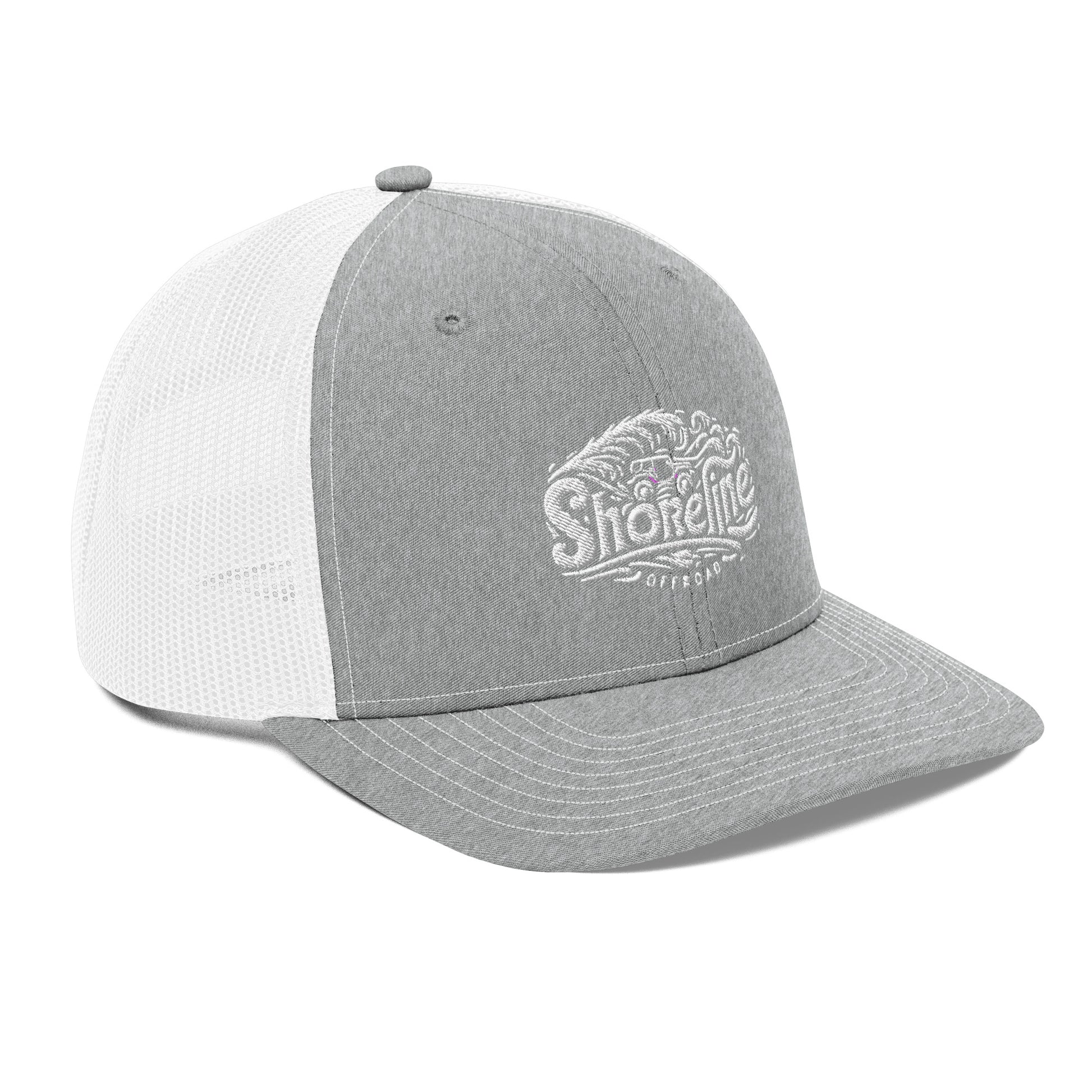 a grey and white hat with the word shore on it