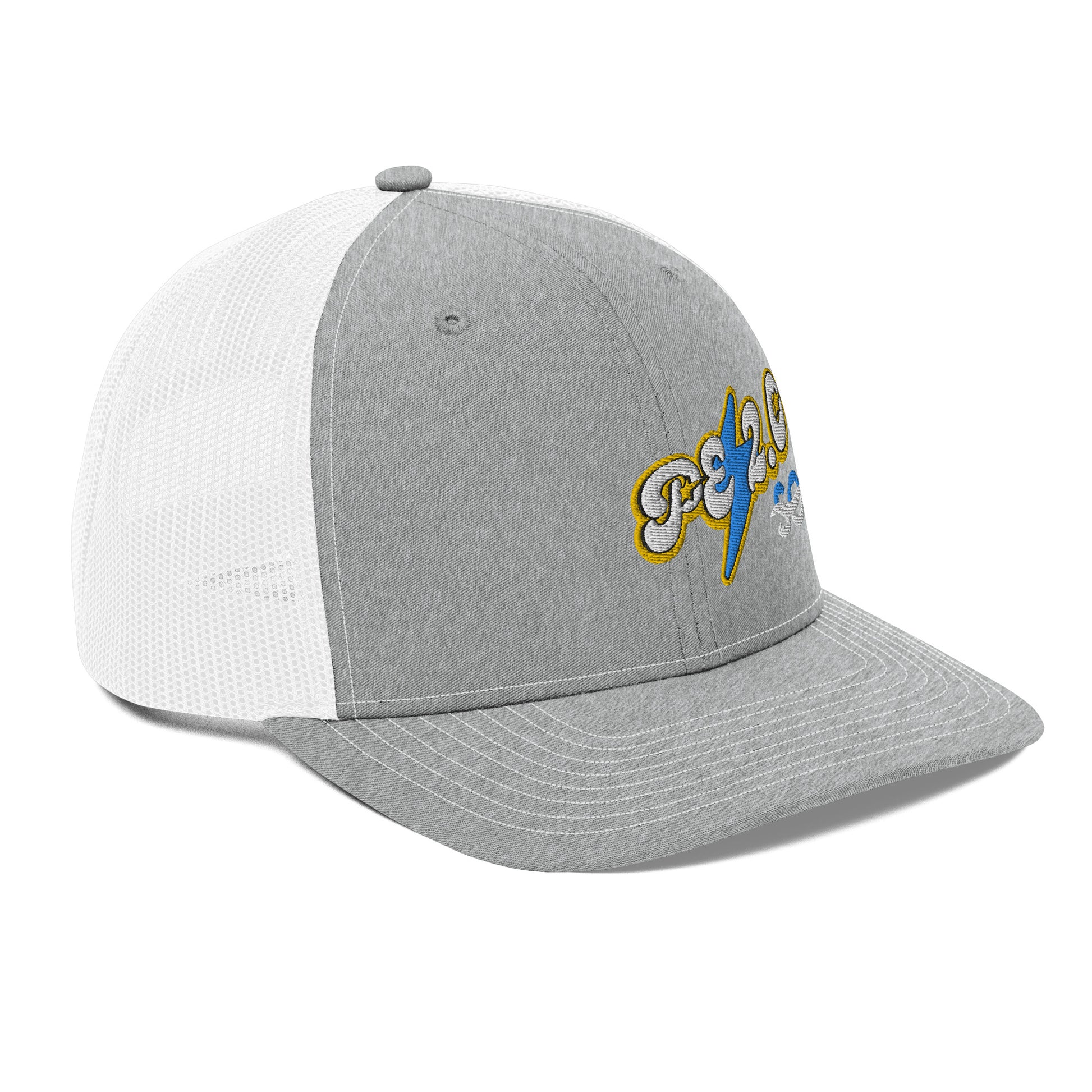 a gray and white hat with a yellow and blue logo