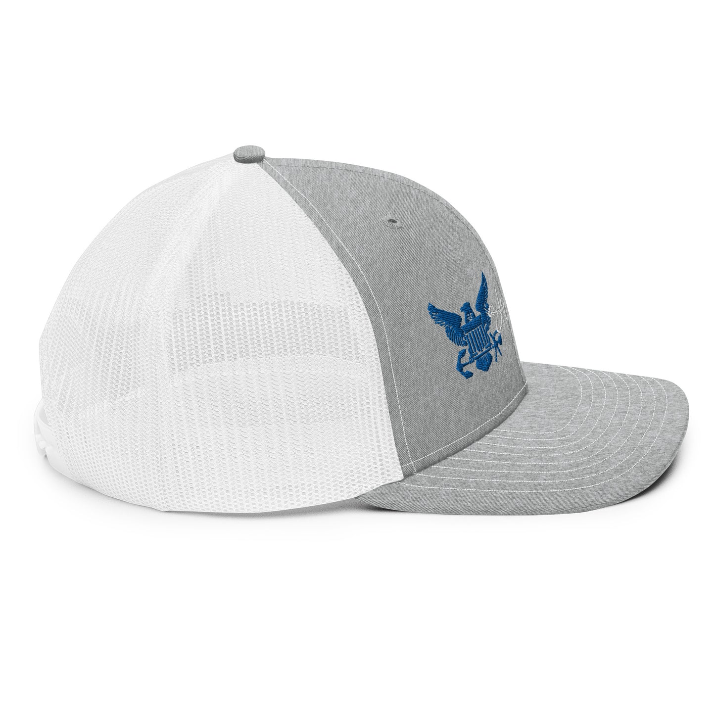 a grey and white hat with a blue eagle on it