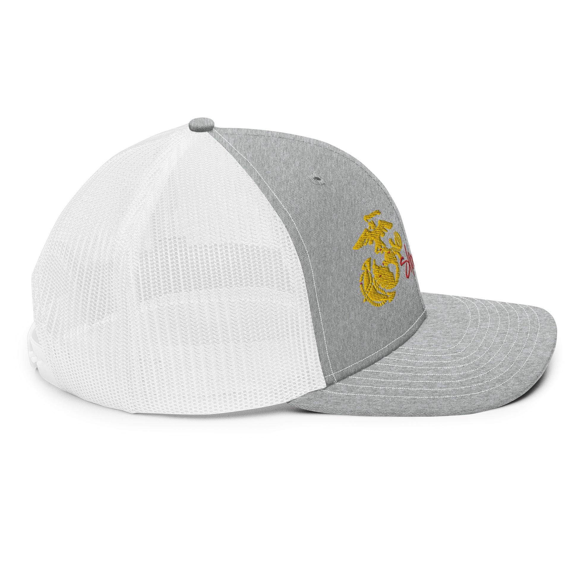 a grey and white hat with a yellow emblem