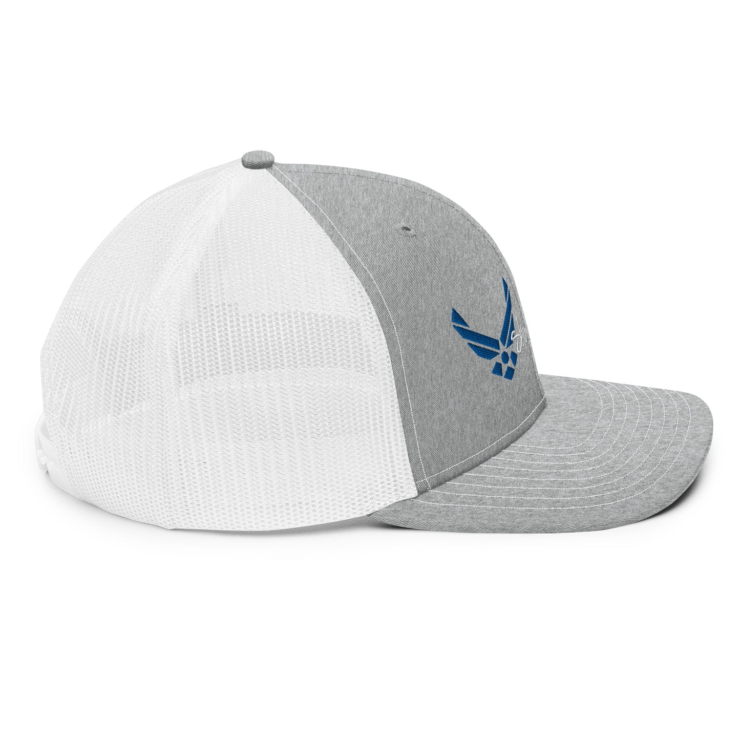 a grey and white hat with a blue eagle on it