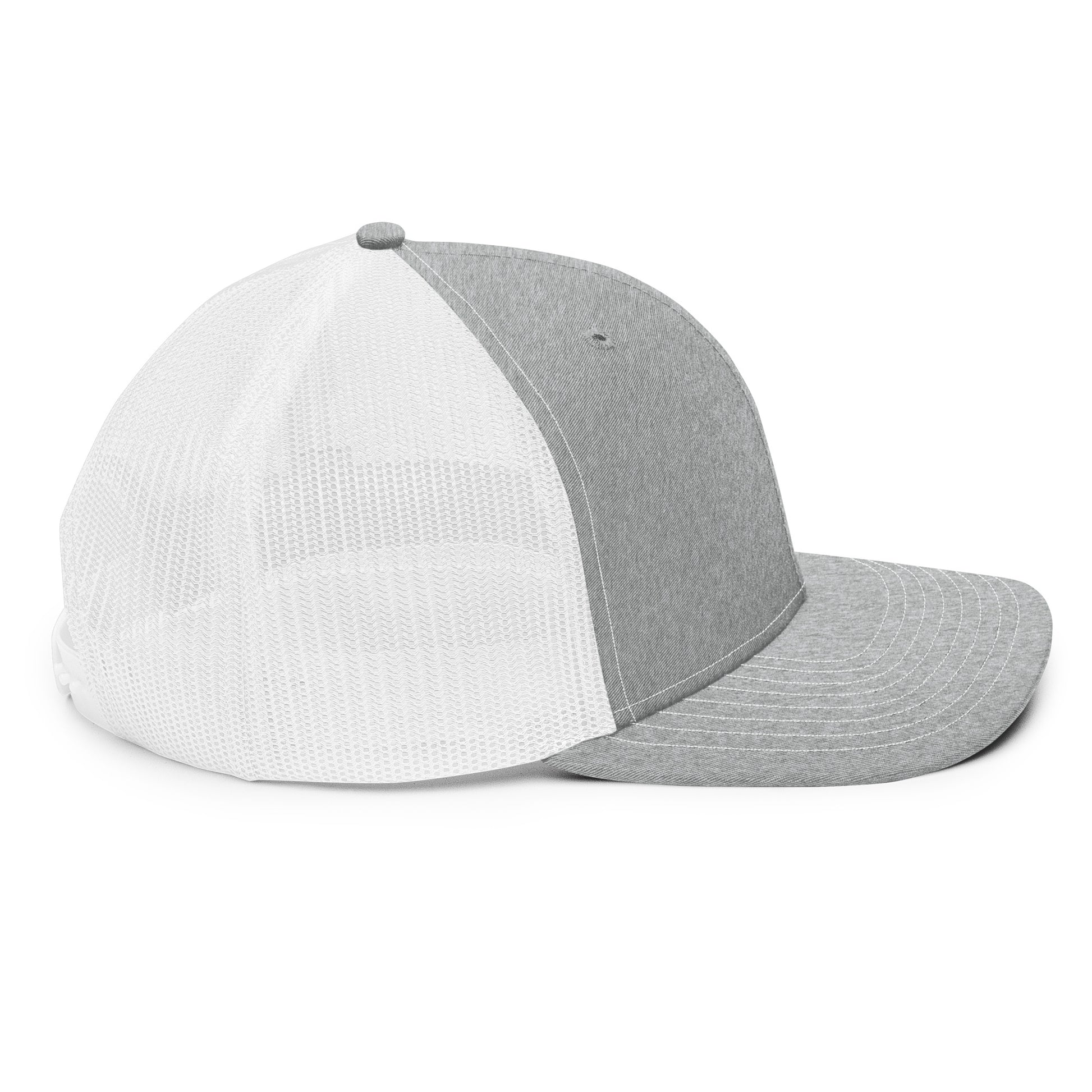 a grey and white hat on a white background