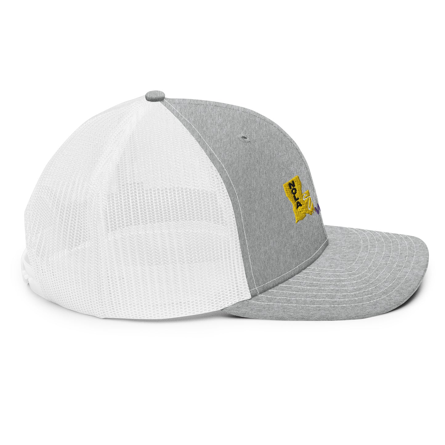 a grey and white hat with a yellow patch