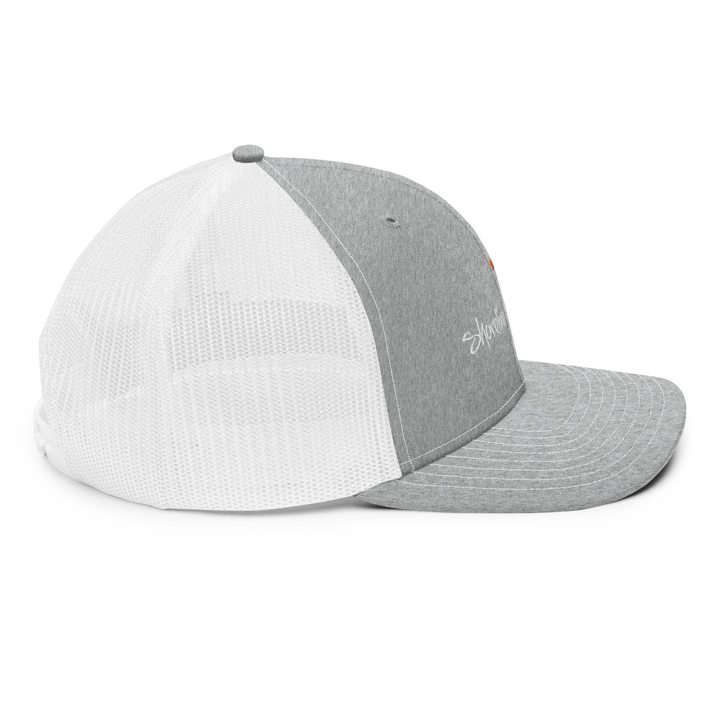 a grey and white hat on a white background