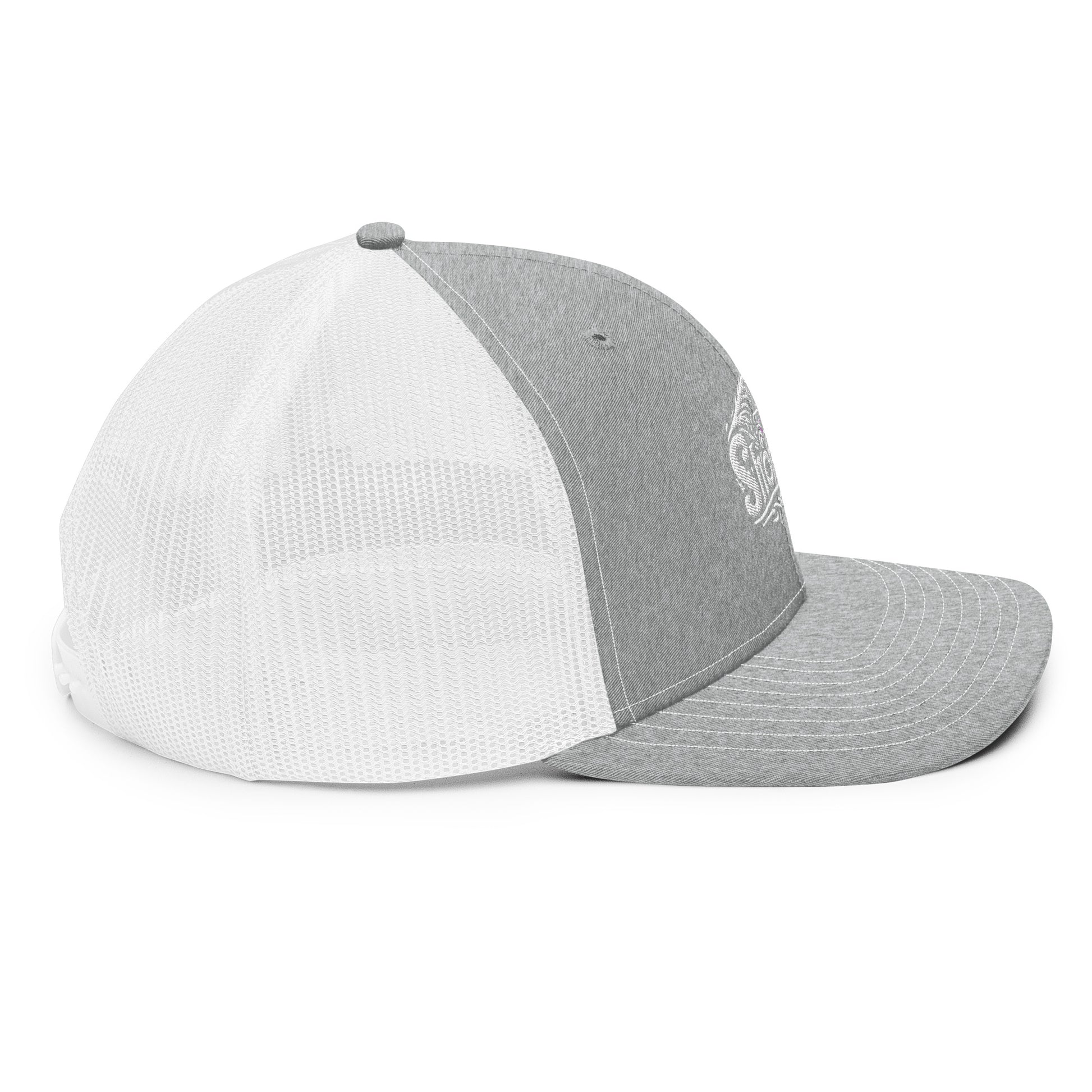 a grey and white hat on a white background