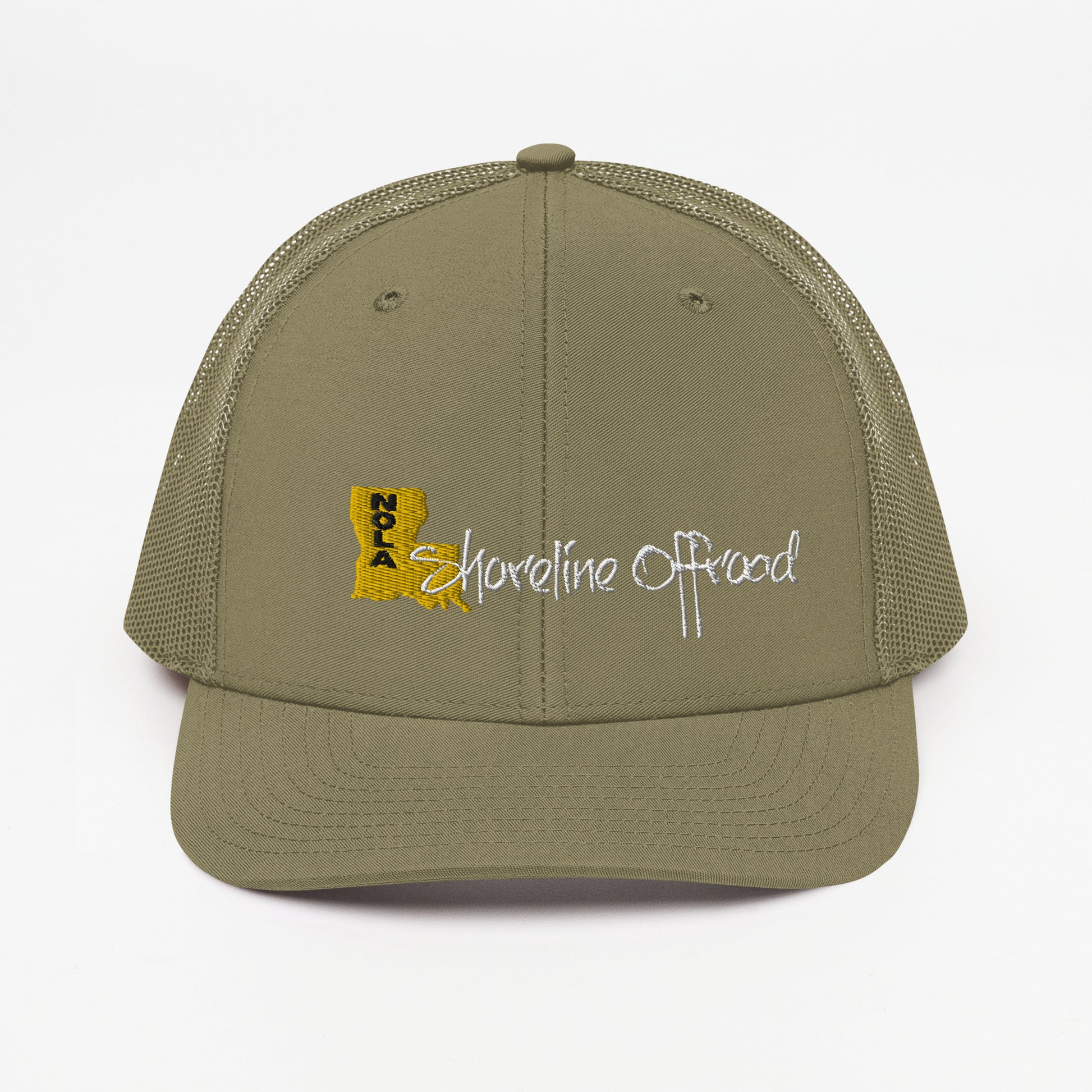 a khaki trucker hat with a yellow and white logo