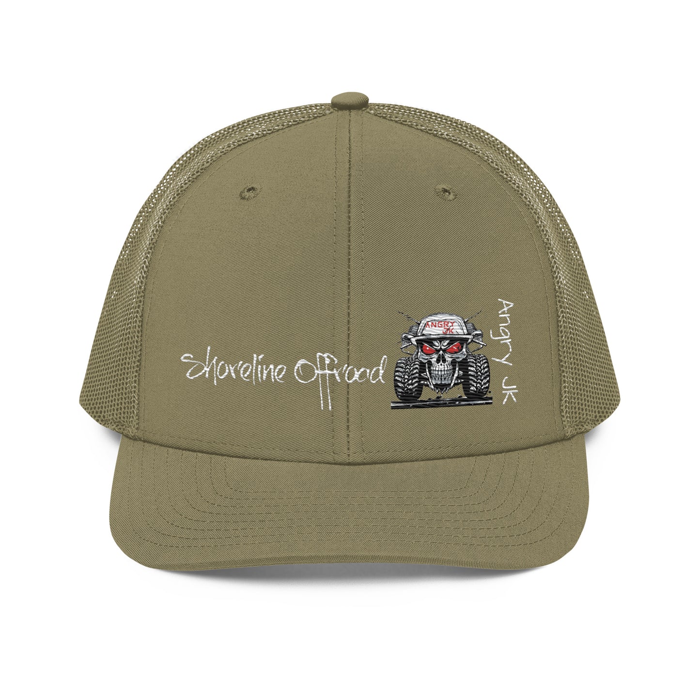 a khaki green trucker hat with a picture of a monster trucker