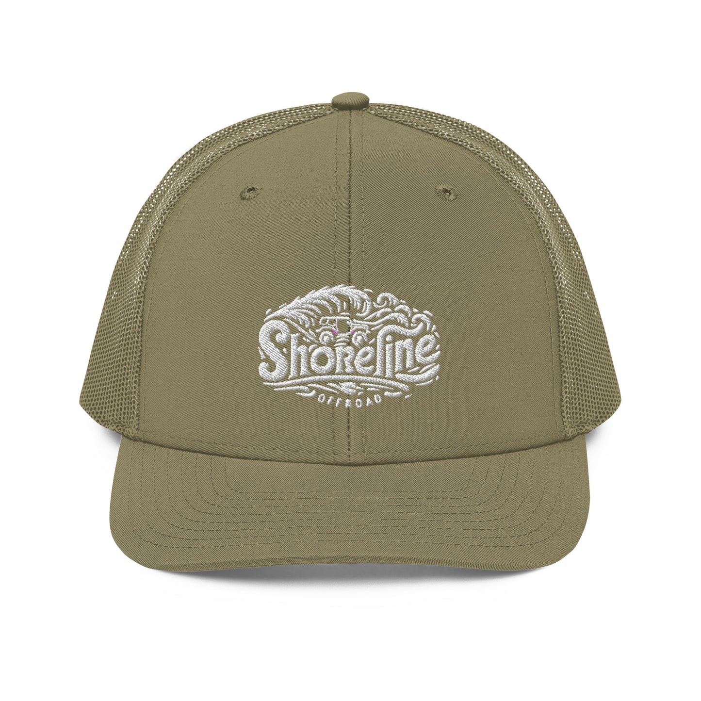 a khaki green trucker hat with the words shoreline on it