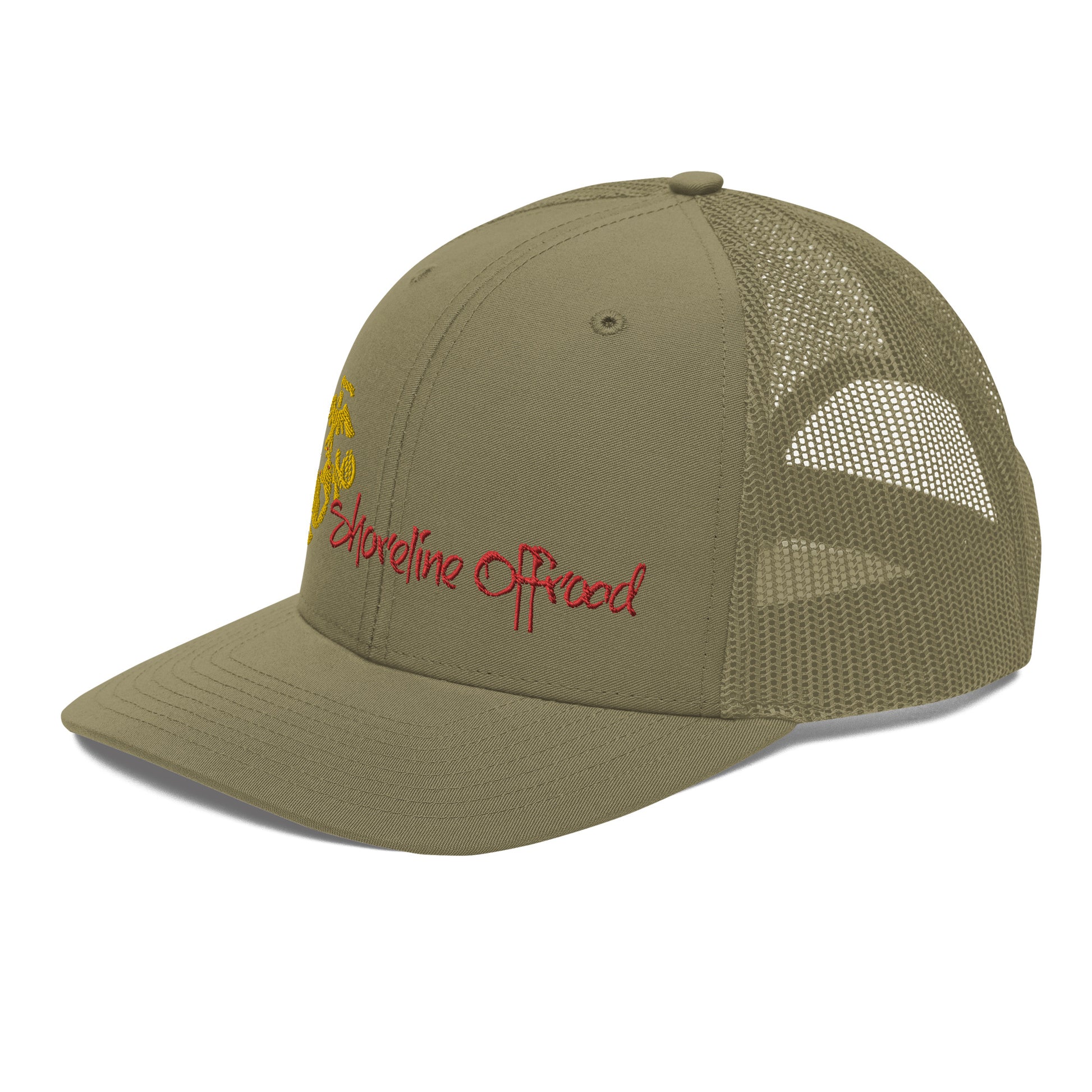 a khaki trucker hat with a red and yellow embroidered on the front