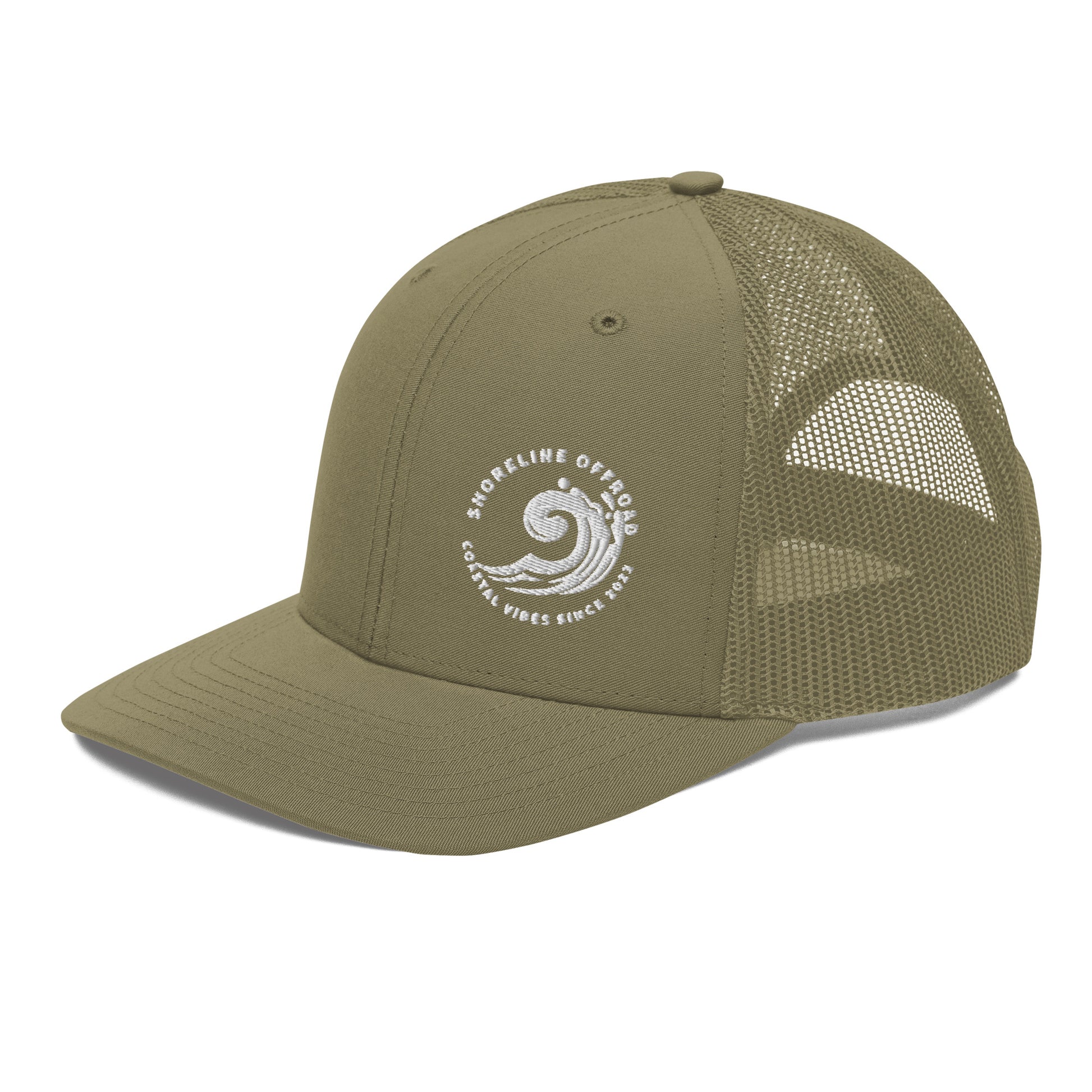 a green trucker hat with a white logo