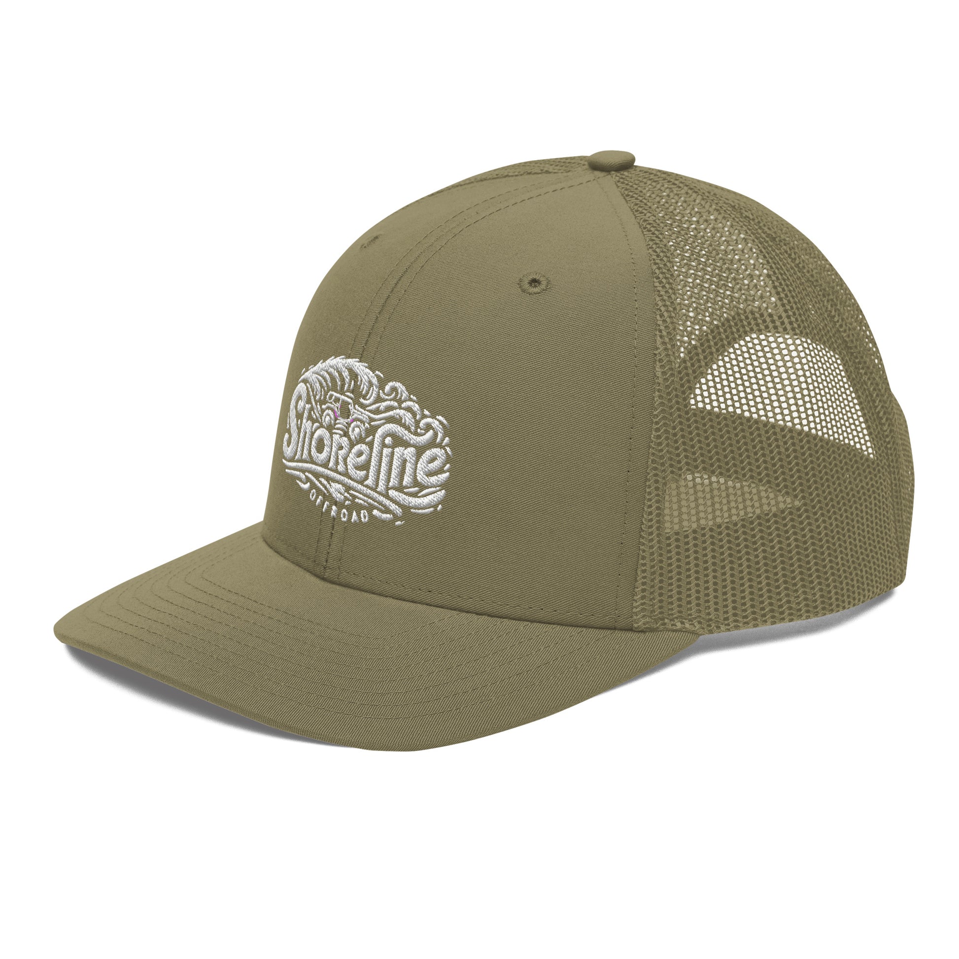 a khaki trucker hat with a white logo