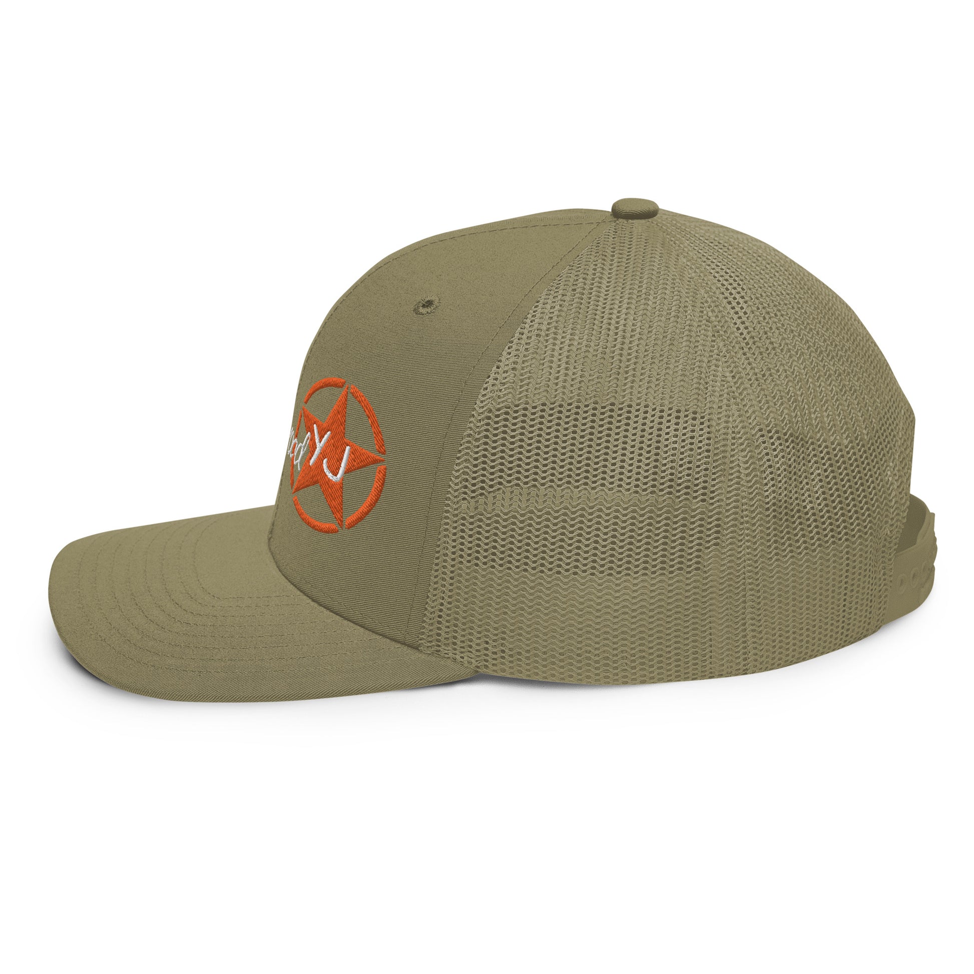 a khaki green hat with an orange star on the front