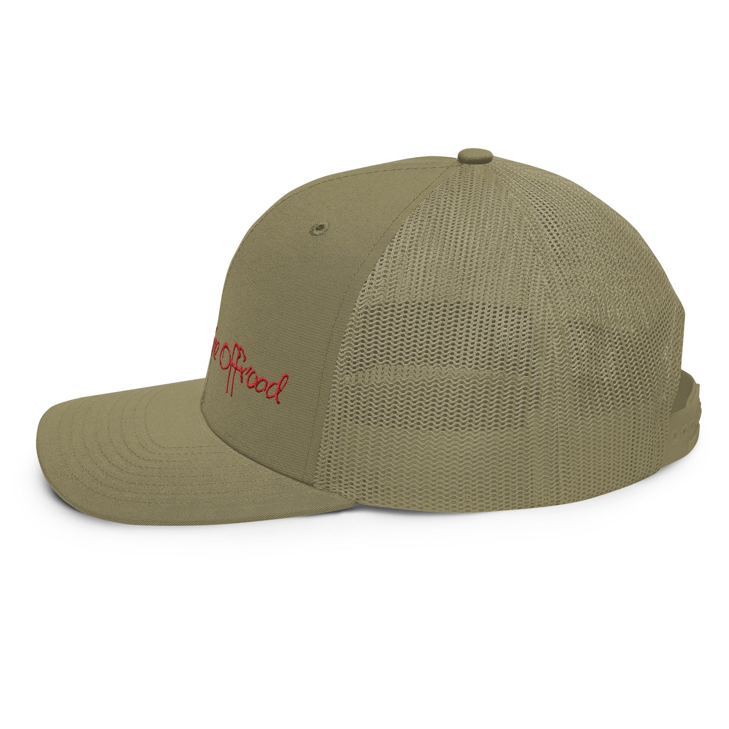 a khaki trucker hat with a red embroidered patch