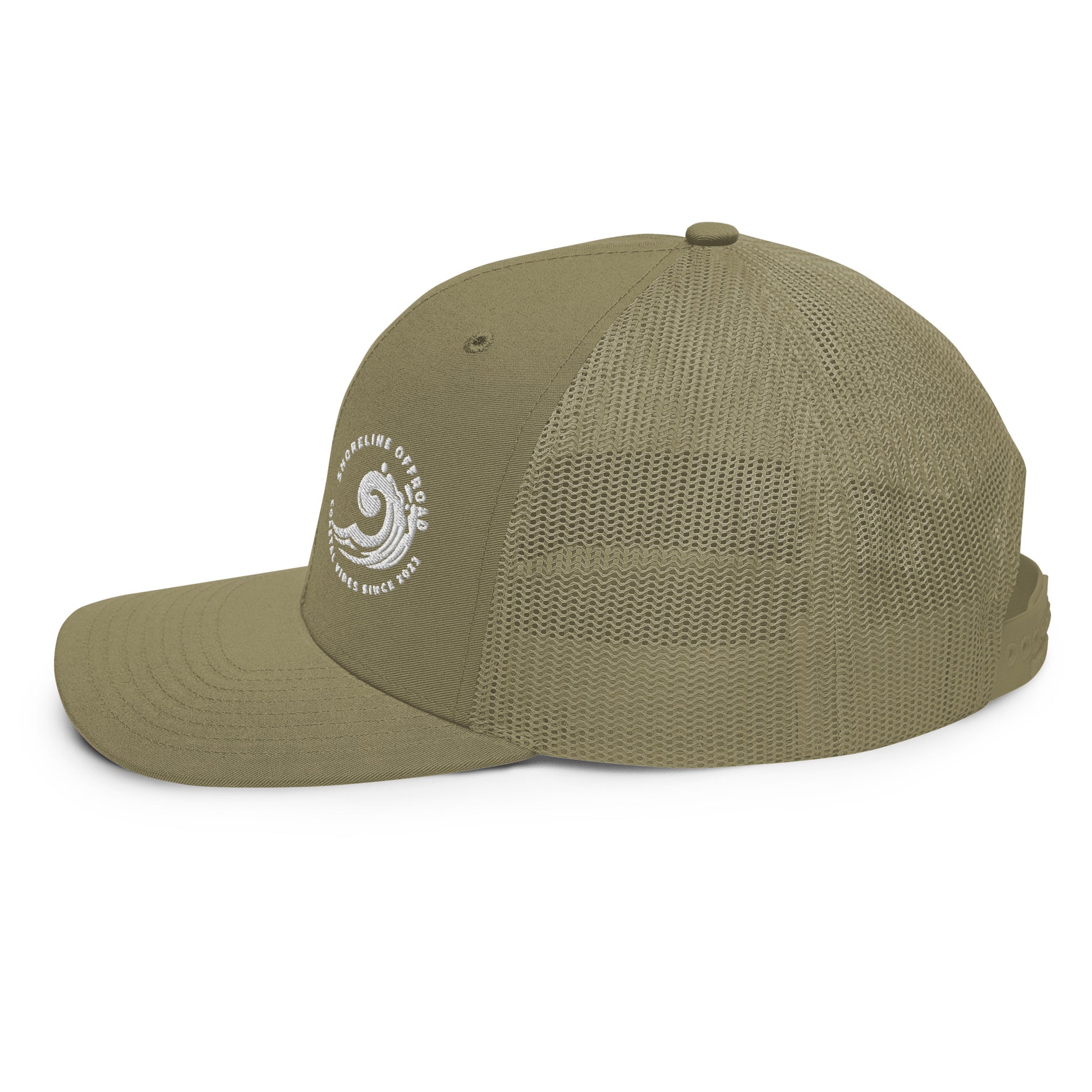 a green hat with a white logo on it