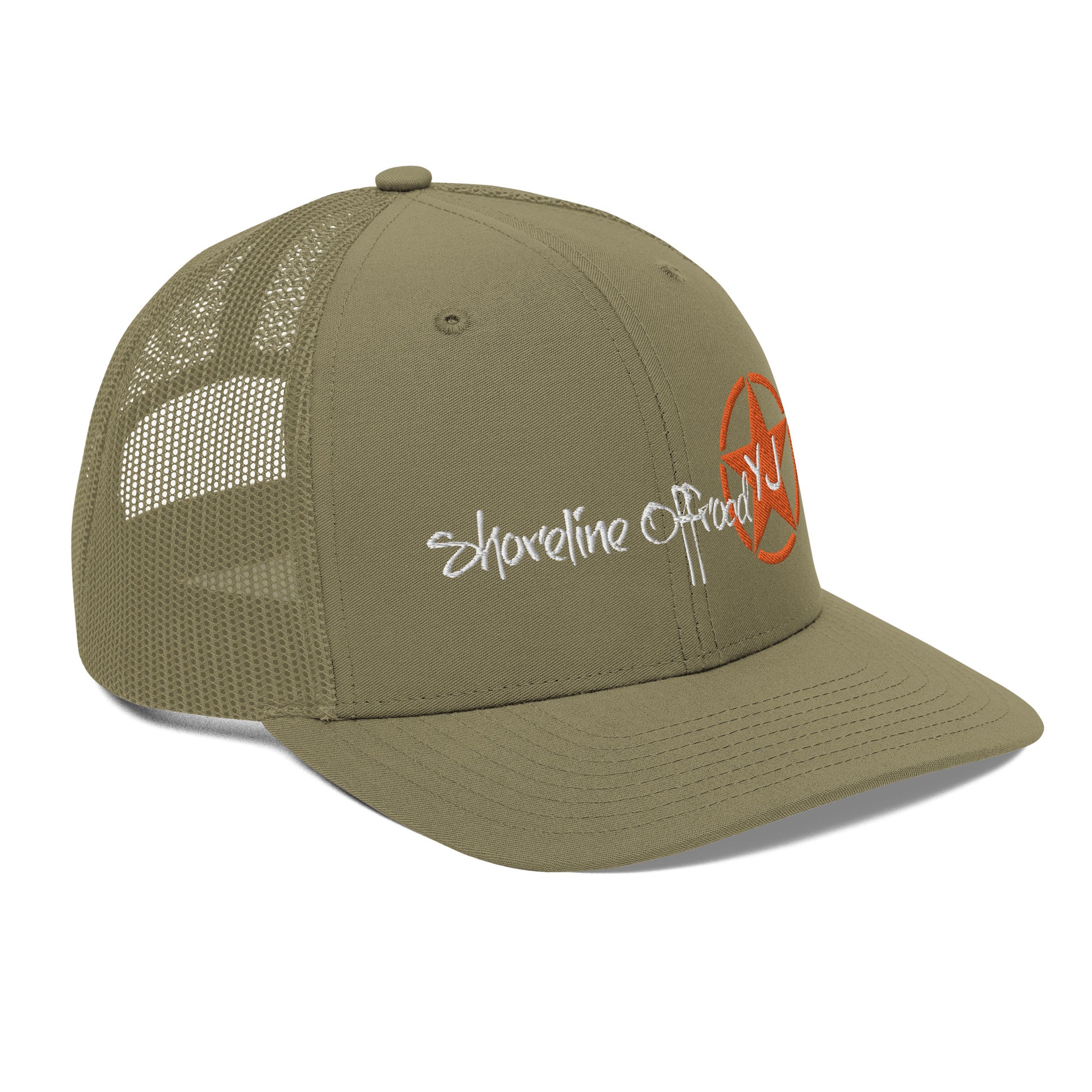 a khaki trucker hat with the words shoreline beach on it