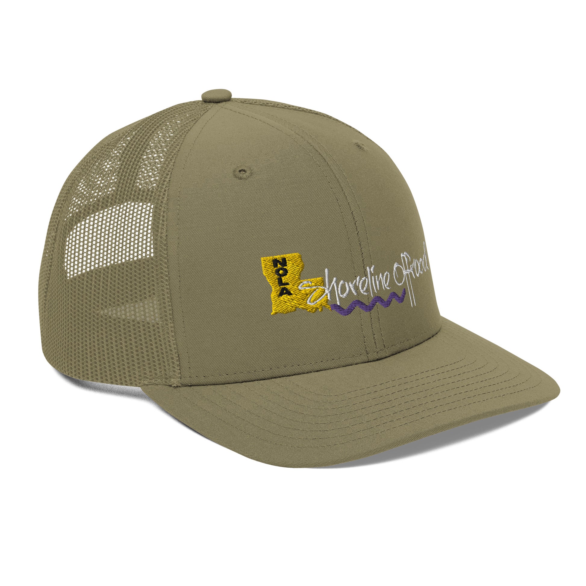 a khaki trucker hat with a yellow and purple logo