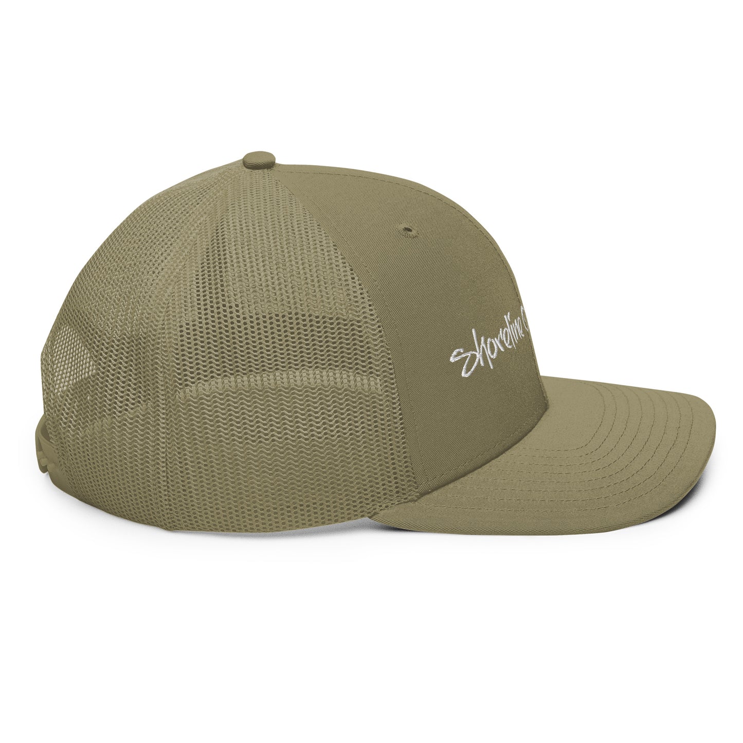 a khaki trucker hat with a white embroidered logo