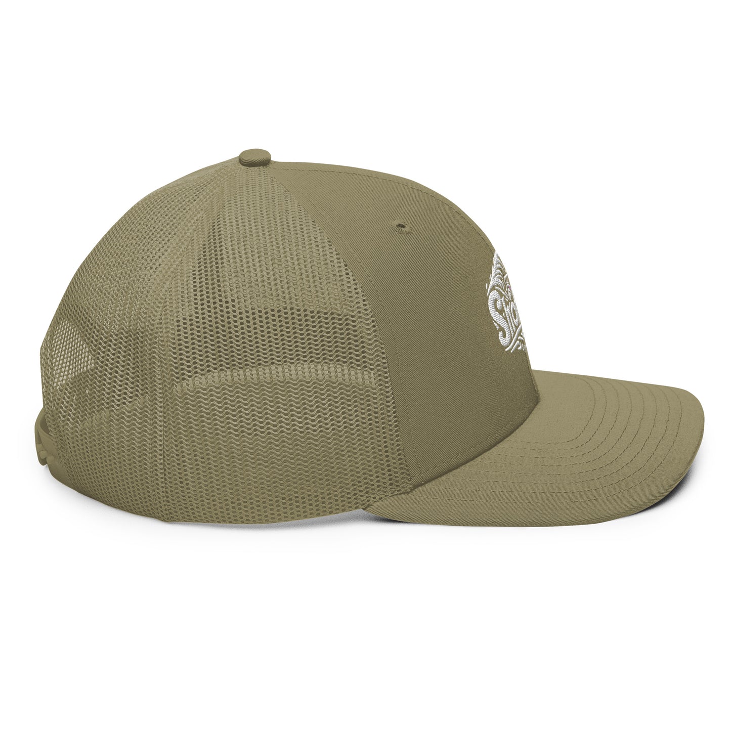 a khaki green hat with a white logo on the front