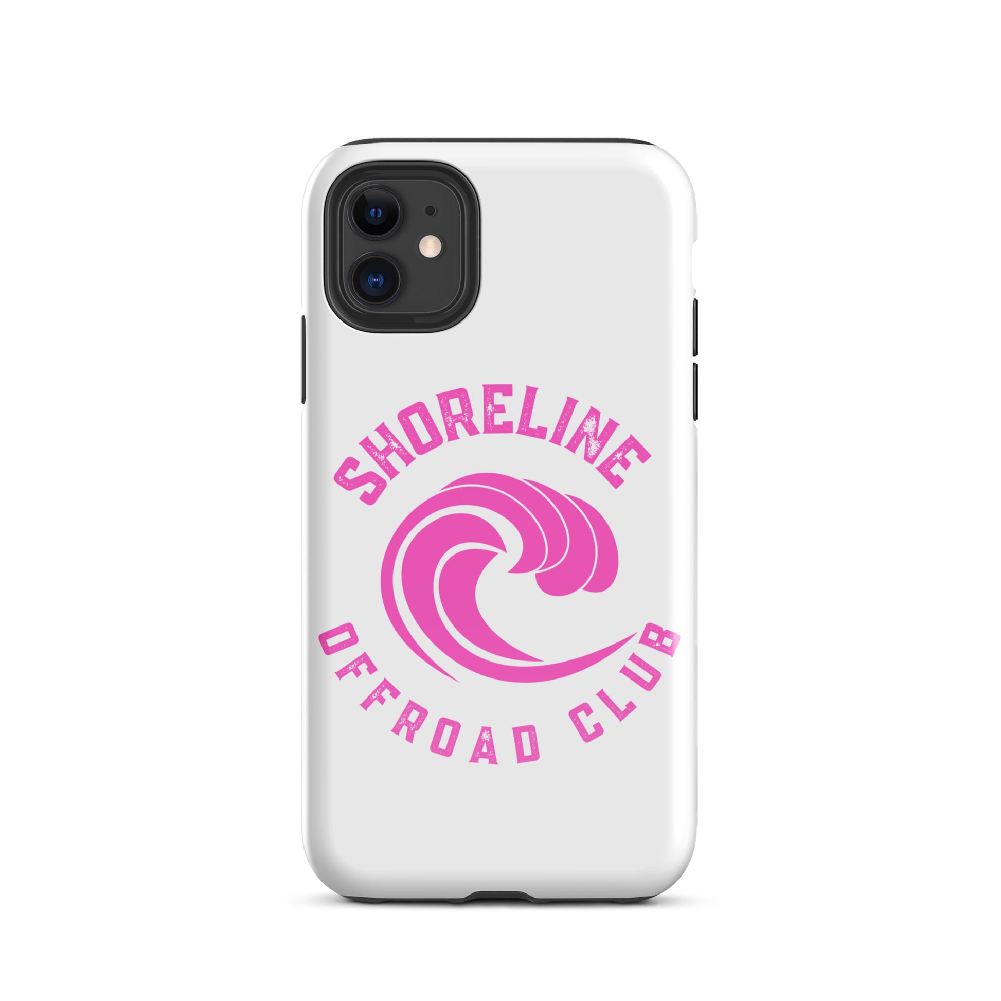 a white phone case with a pink logo