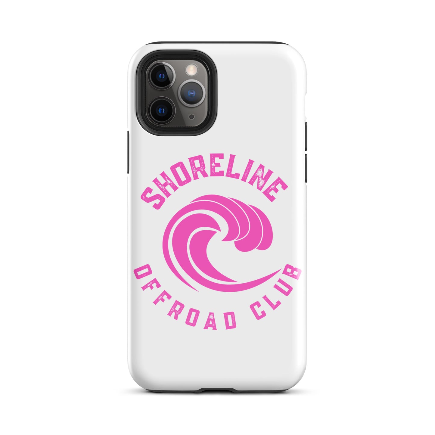 a white phone case with a pink logo