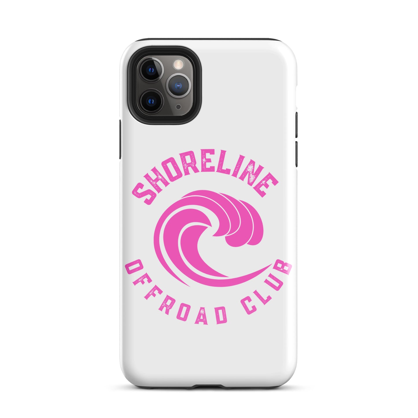 a white phone case with a pink logo