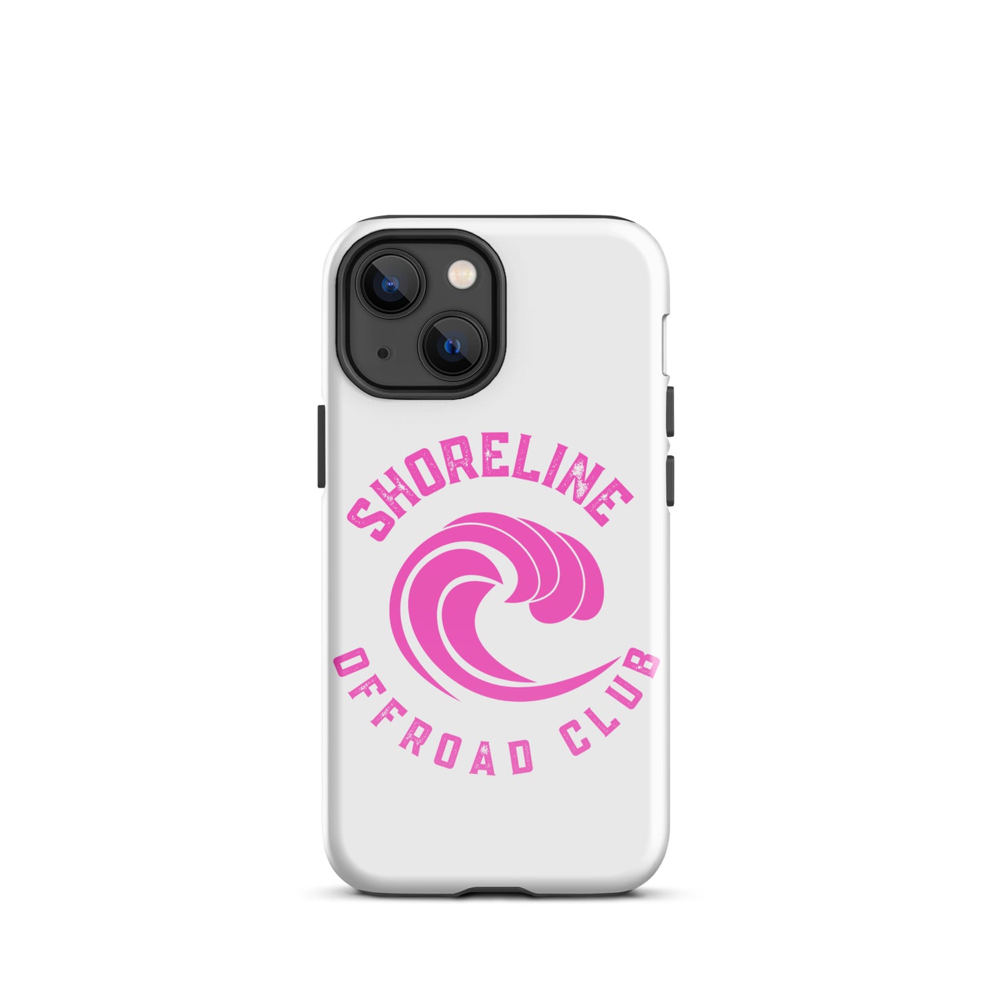 a white phone case with a pink logo