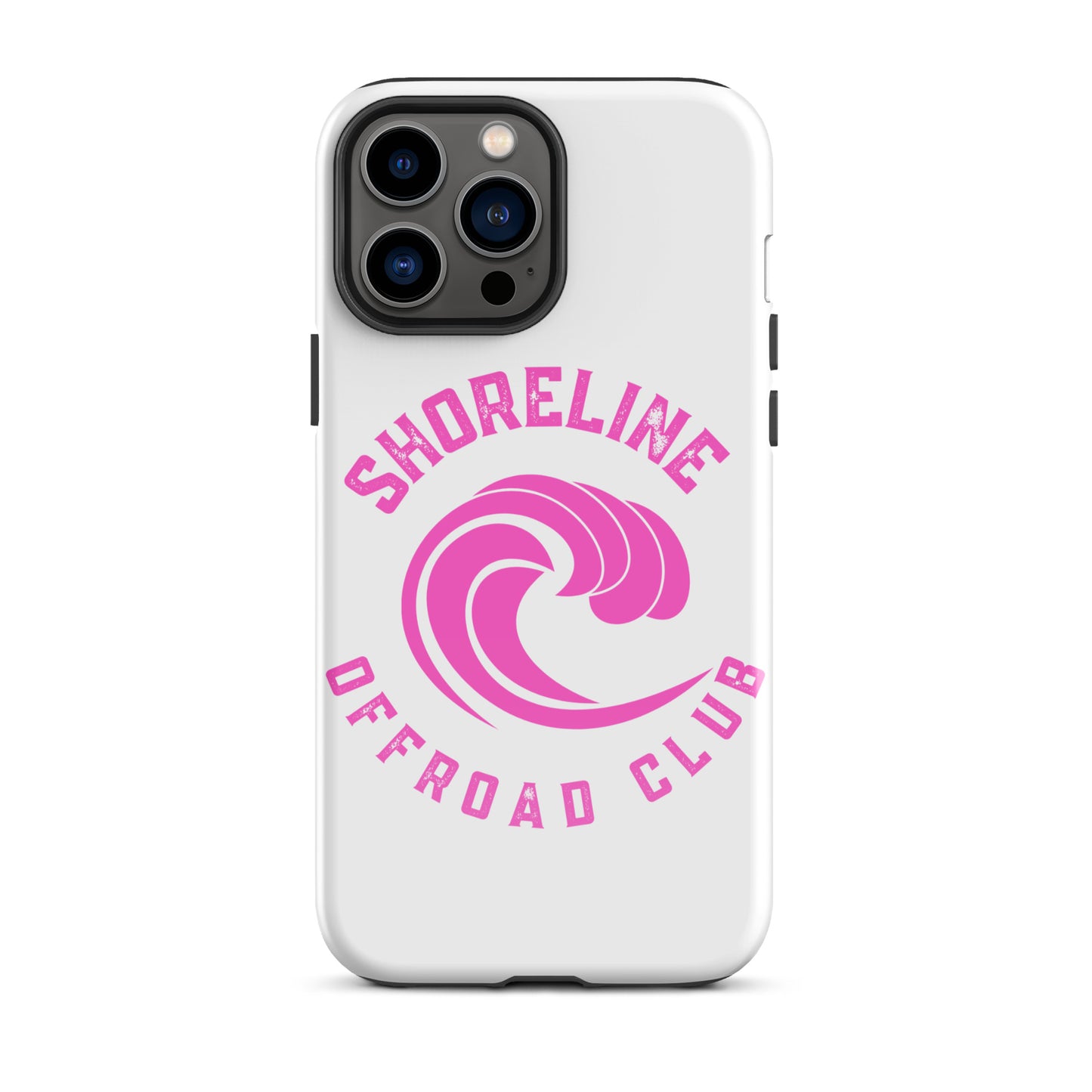 a white phone case with a pink logo