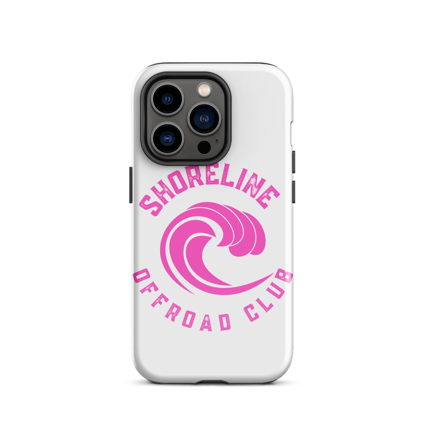 a white phone case with a pink logo