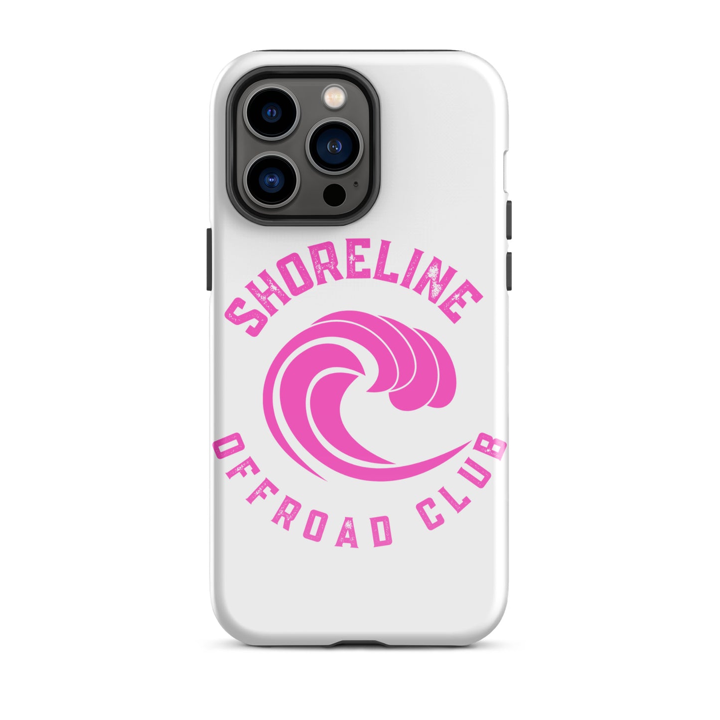 a white phone case with a pink logo