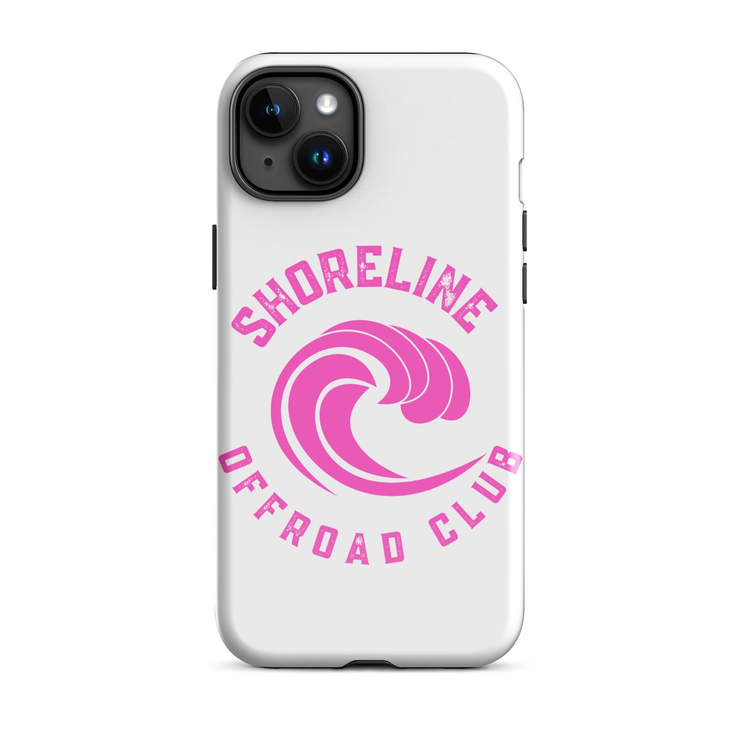 a white phone case with a pink logo