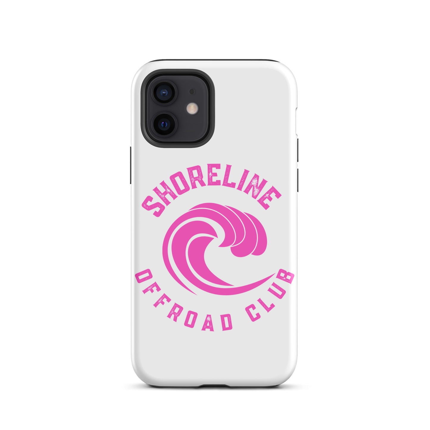 a white phone case with a pink logo