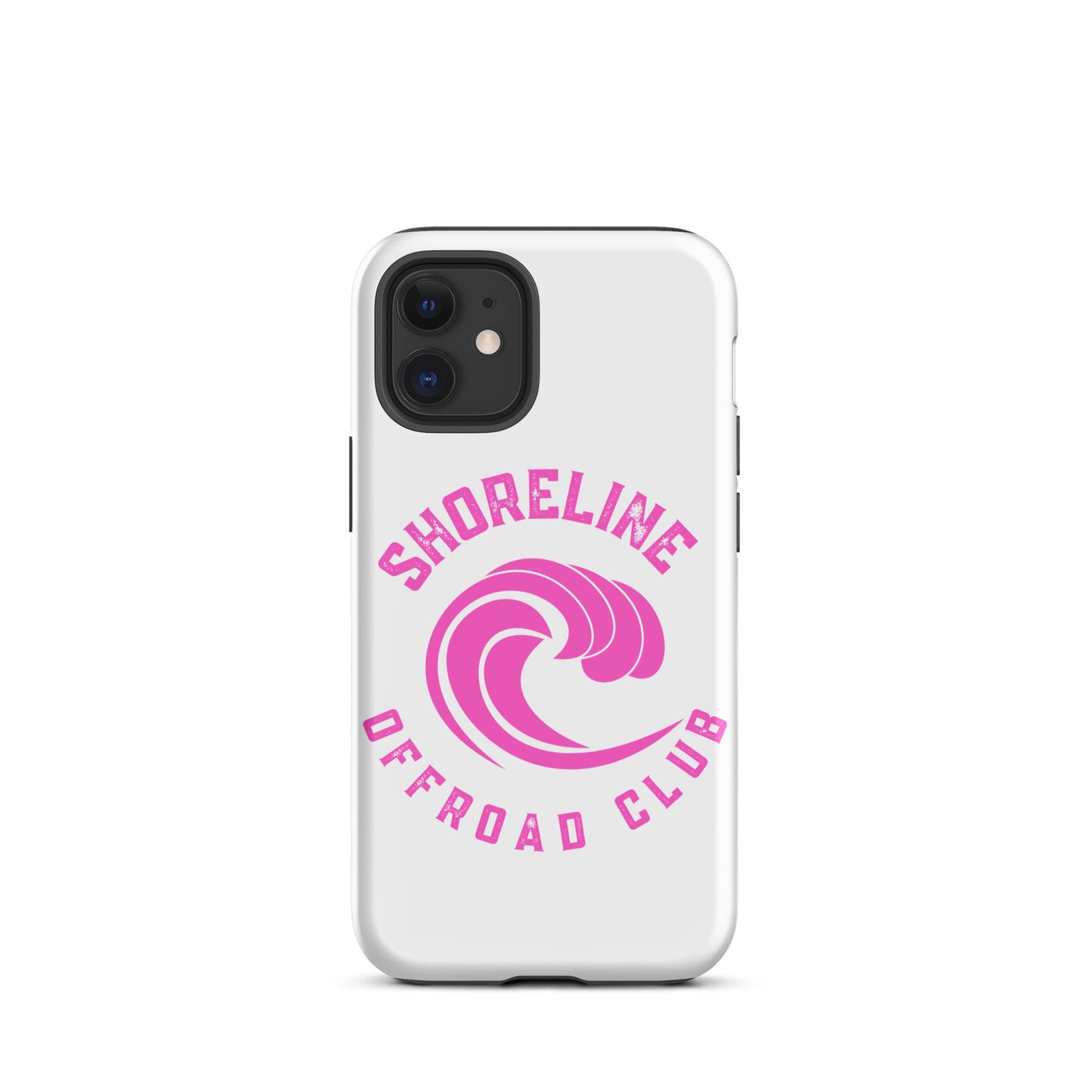 a white phone case with a pink logo