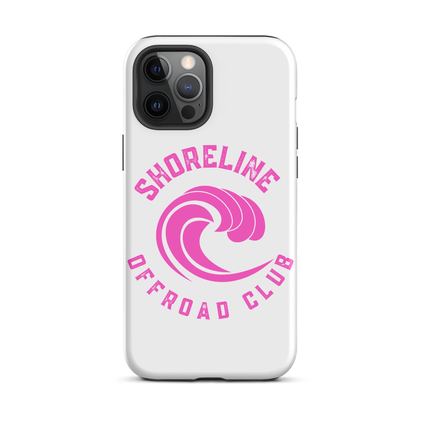 a white phone case with a pink logo